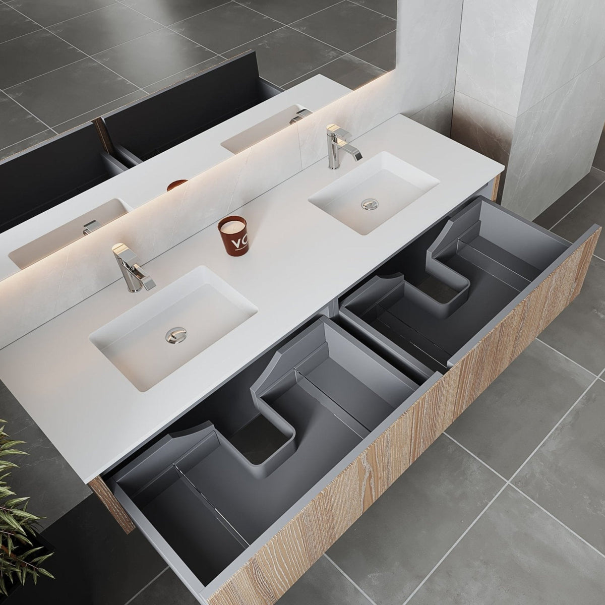 Laviva Legno 72" Weathered Grey Double Sink Bathroom Vanity with Matte White VIVA Stone Solid Surface Countertop – – –