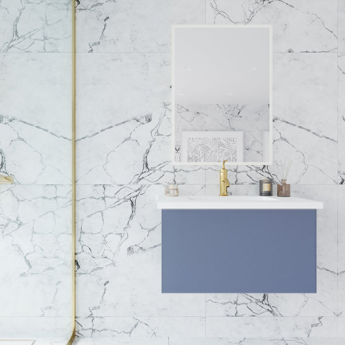 Laviva Vitri 30" Nautical Blue Bathroom Vanity with VIVA Stone Matte White Solid Surface Countertop – – –