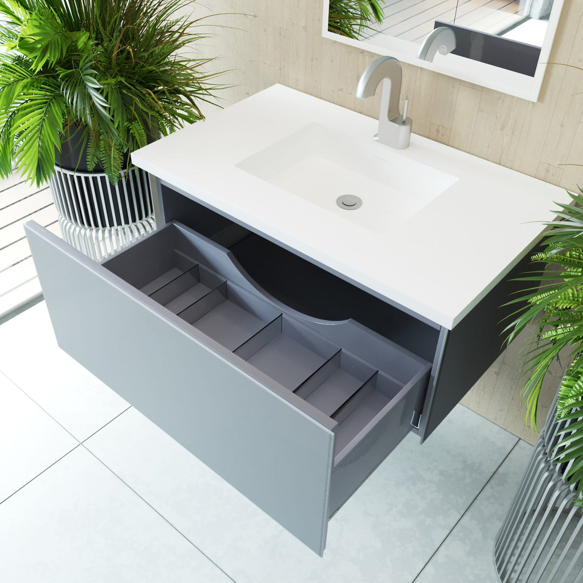 Laviva Vitri 36" Fossil Grey Bathroom Vanity with VIVA Stone Matte White Solid Surface Countertop – – –
