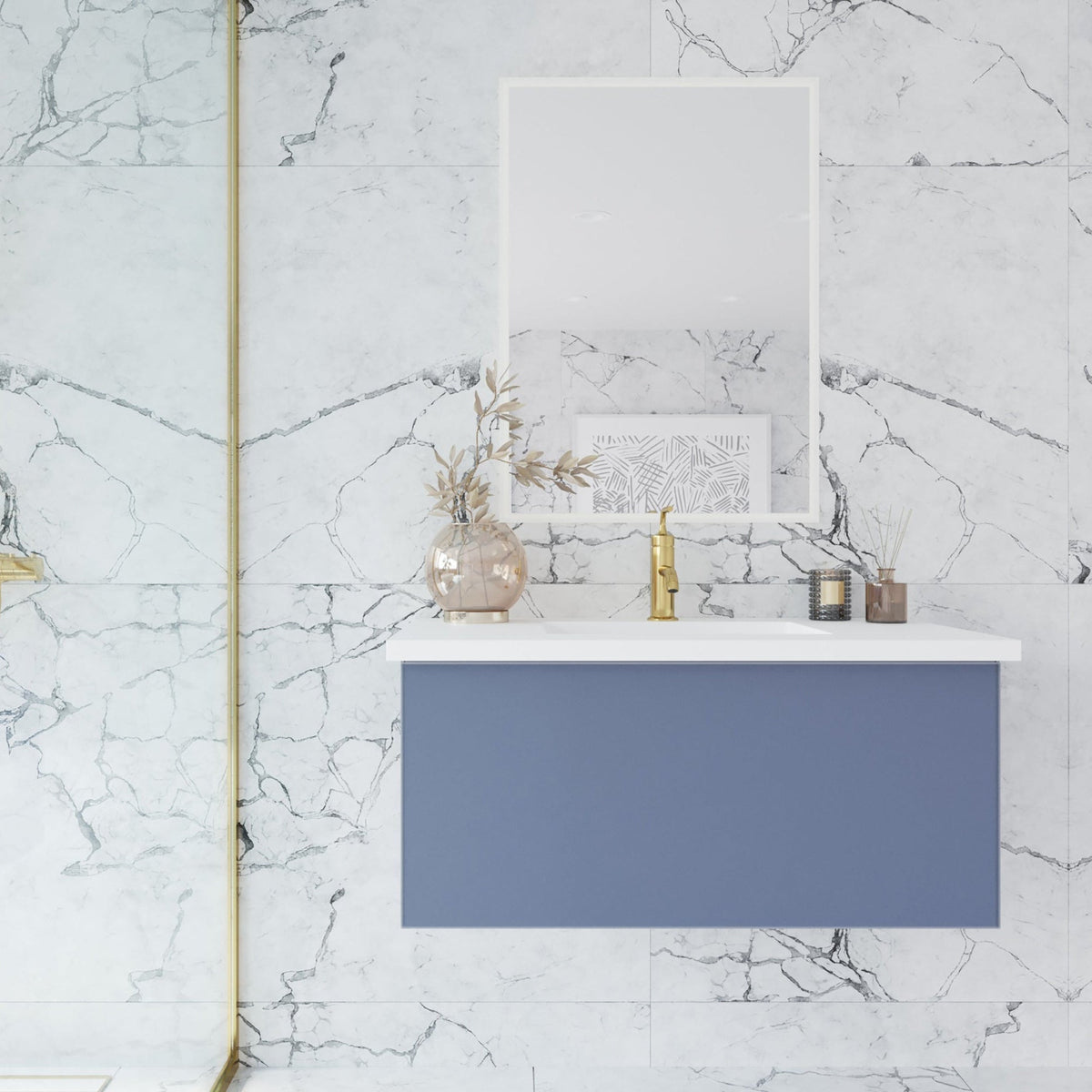 Laviva Vitri 36" Nautical Blue Bathroom Vanity with VIVA Stone Matte White Solid Surface Countertop – – –