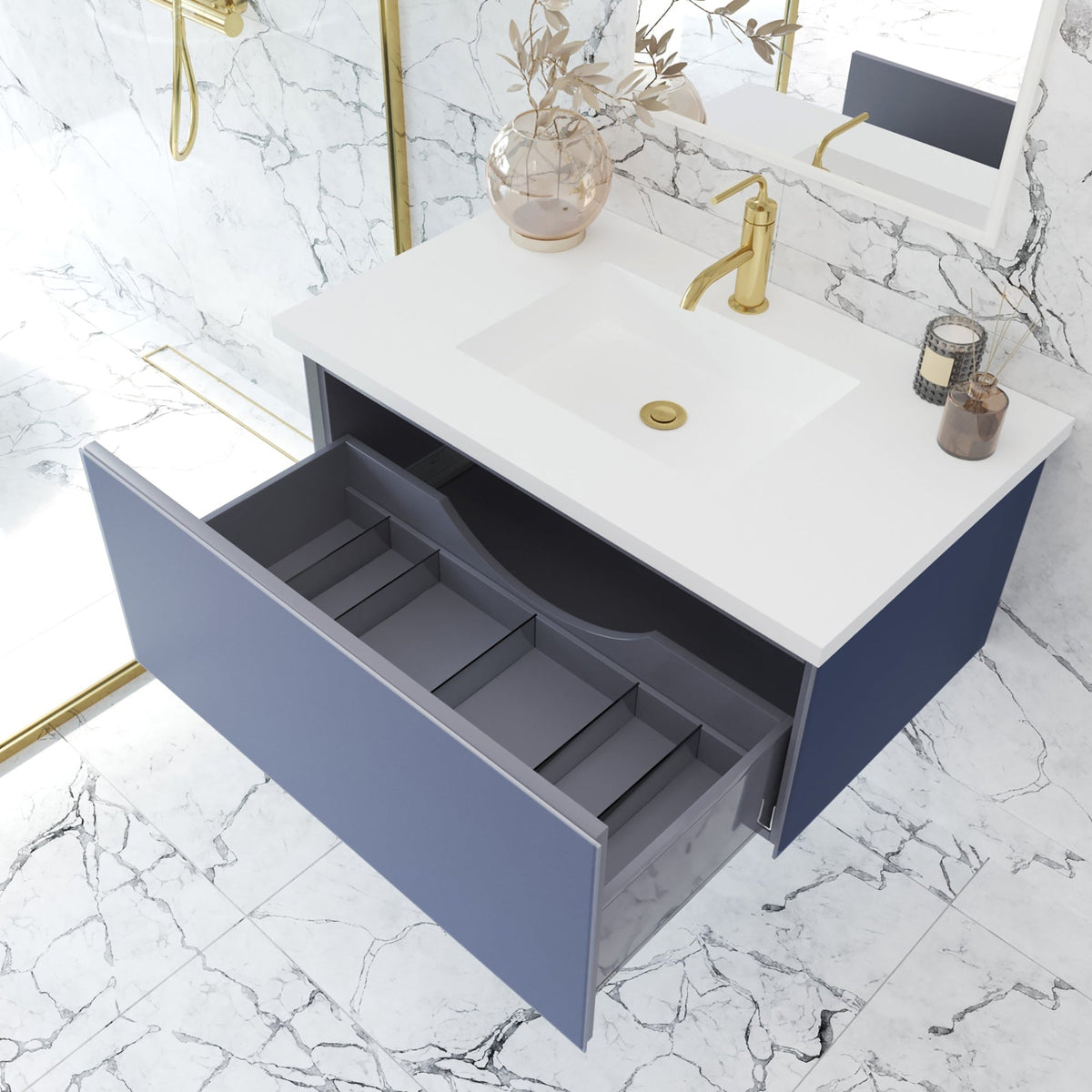 Laviva Vitri 36" Nautical Blue Bathroom Vanity with VIVA Stone Matte White Solid Surface Countertop – – –