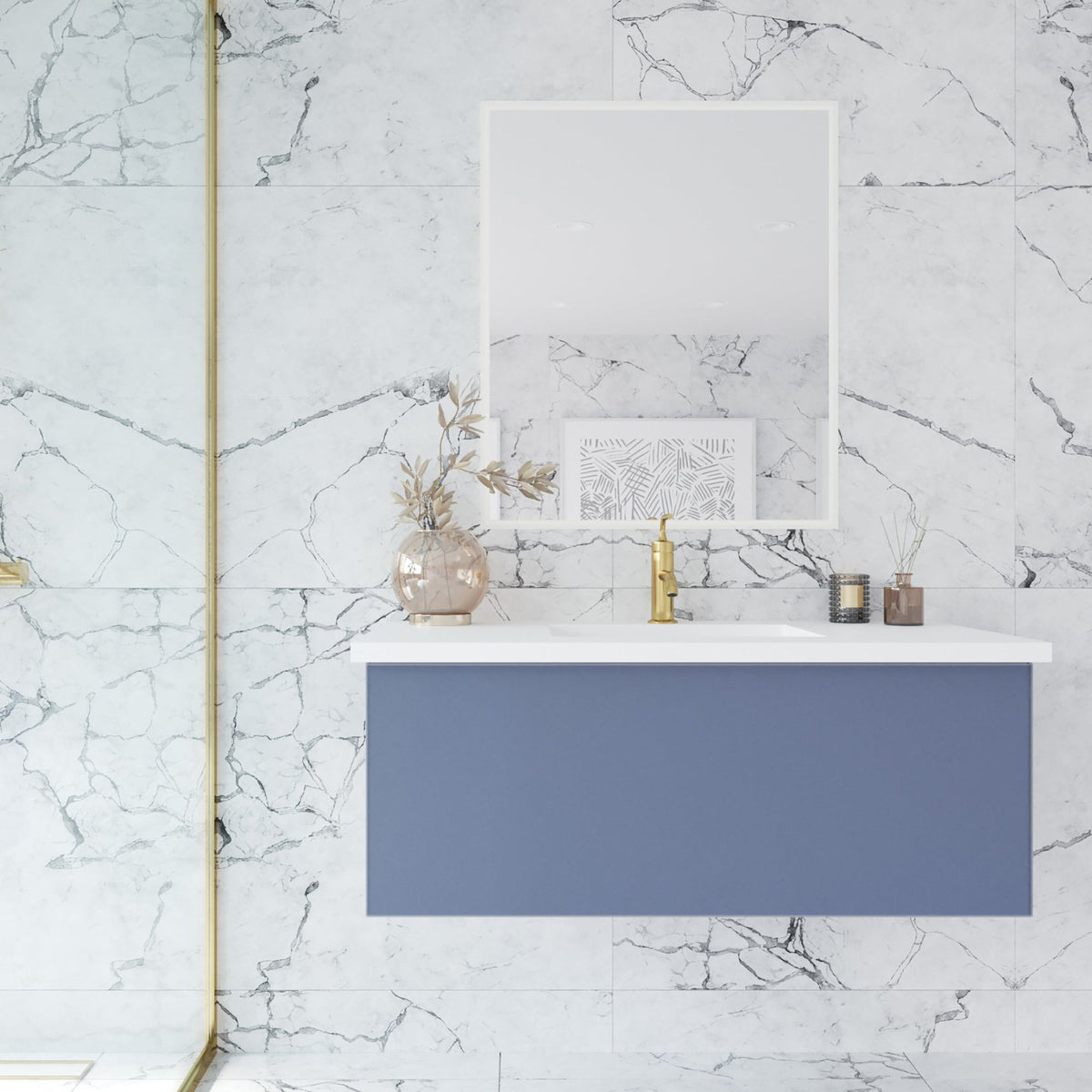 Laviva Vitri 42" Nautical Blue Bathroom Vanity with VIVA Stone Matte White Solid Surface Countertop – – –