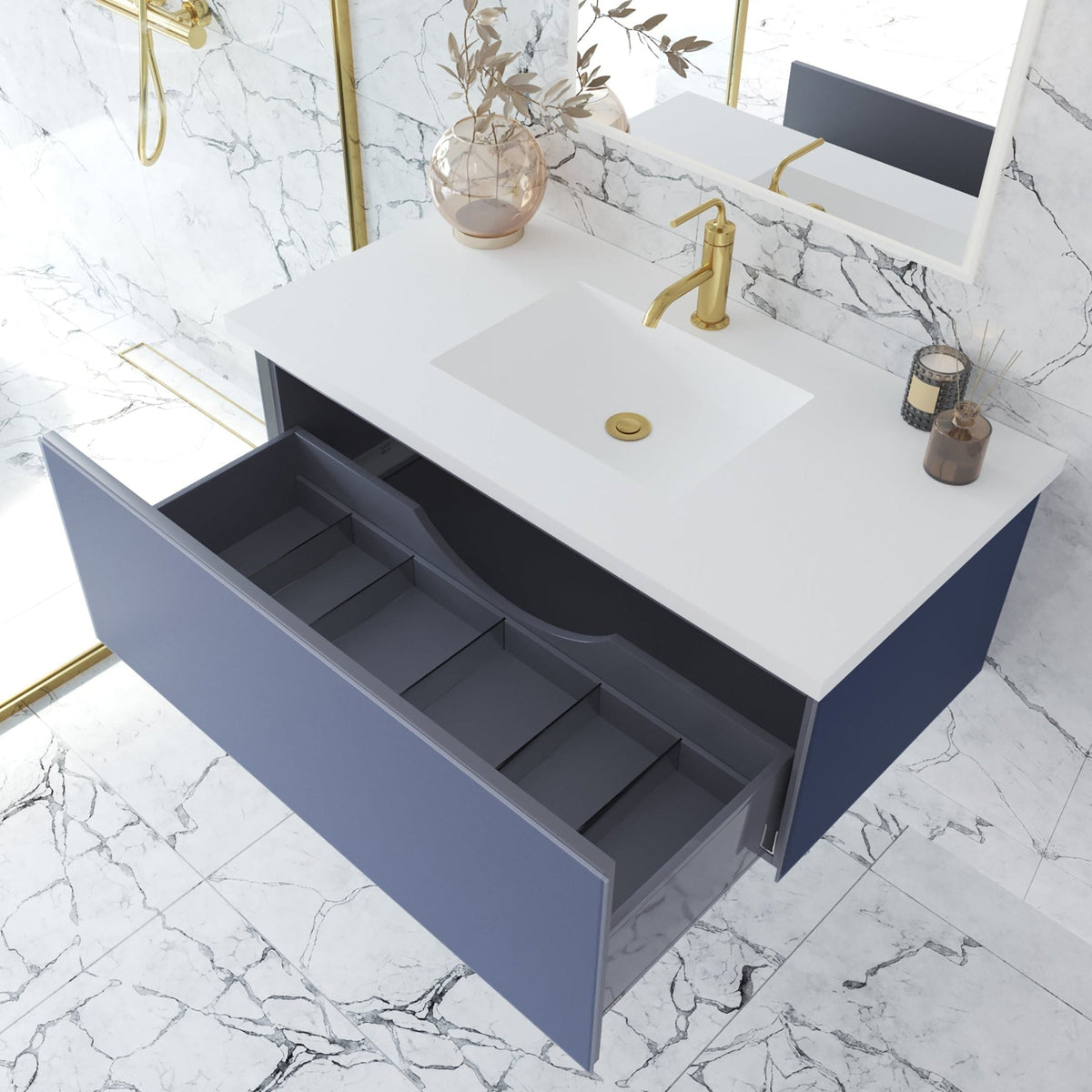 Laviva Vitri 42" Nautical Blue Bathroom Vanity with VIVA Stone Matte White Solid Surface Countertop – – –