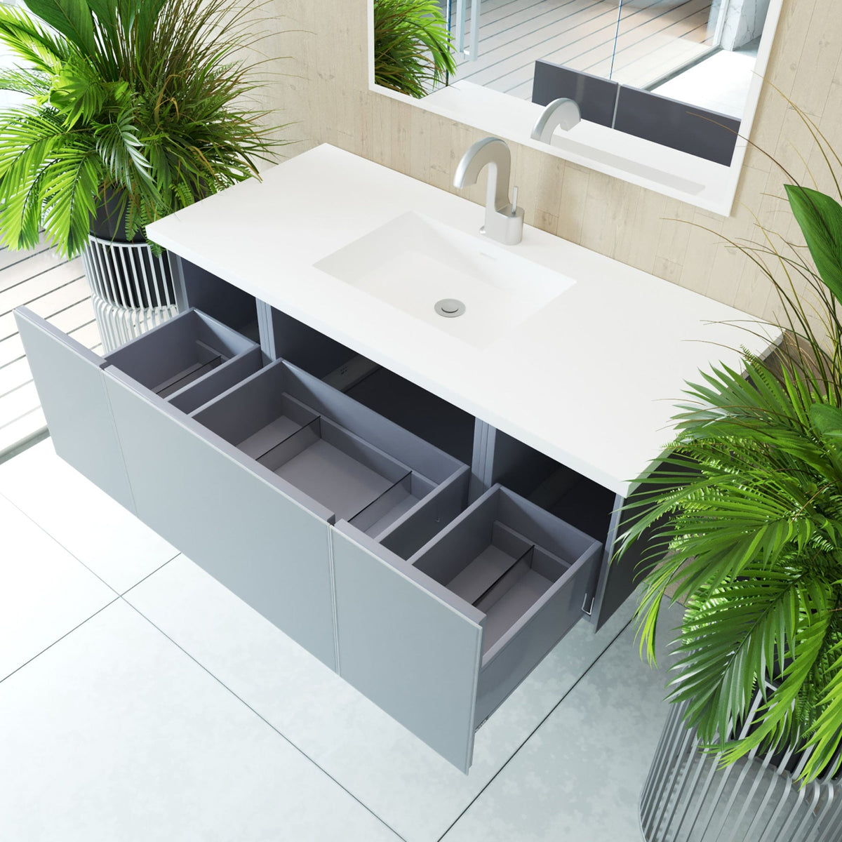 Laviva Vitri 48" Fossil Grey Bathroom Vanity with VIVA Stone Matte White Solid Surface Countertop – – –