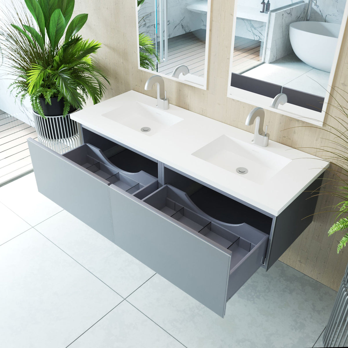 Laviva Vitri 60" Fossil Grey Double Sink Bathroom Vanity with VIVA Stone Matte White Solid Surface Countertop – – –