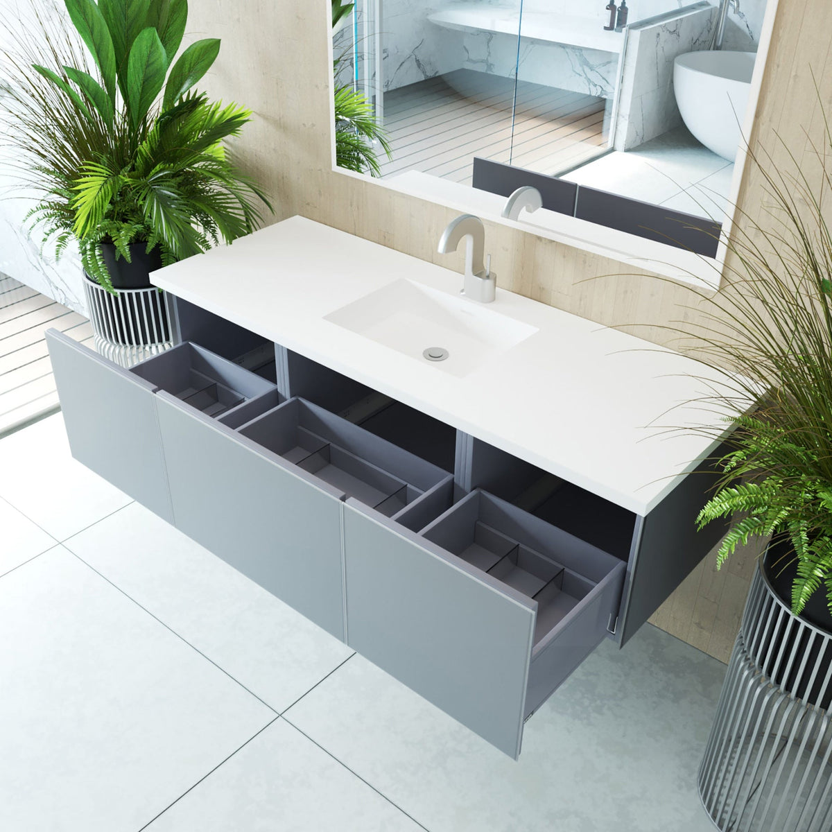 Laviva Vitri 60" Fossil Grey Single Sink Bathroom Vanity with VIVA Stone Matte White Solid Surface Countertop – – –