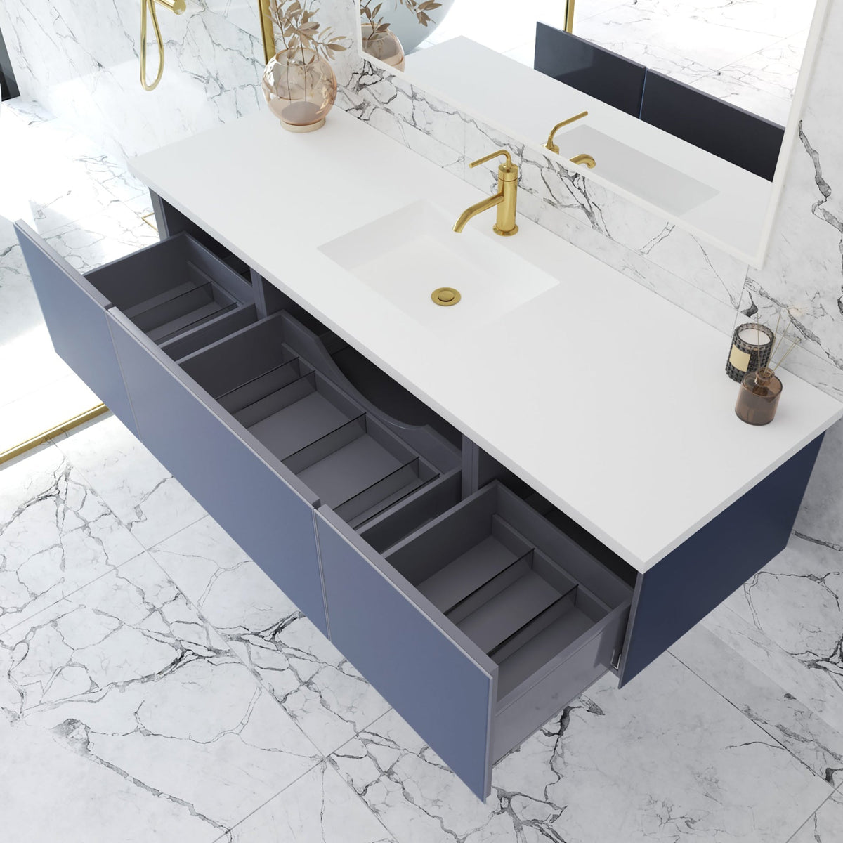 Laviva Vitri 66" Nautical Blue Single Sink Bathroom Vanity with VIVA Stone Matte White Solid Surface Countertop – – –