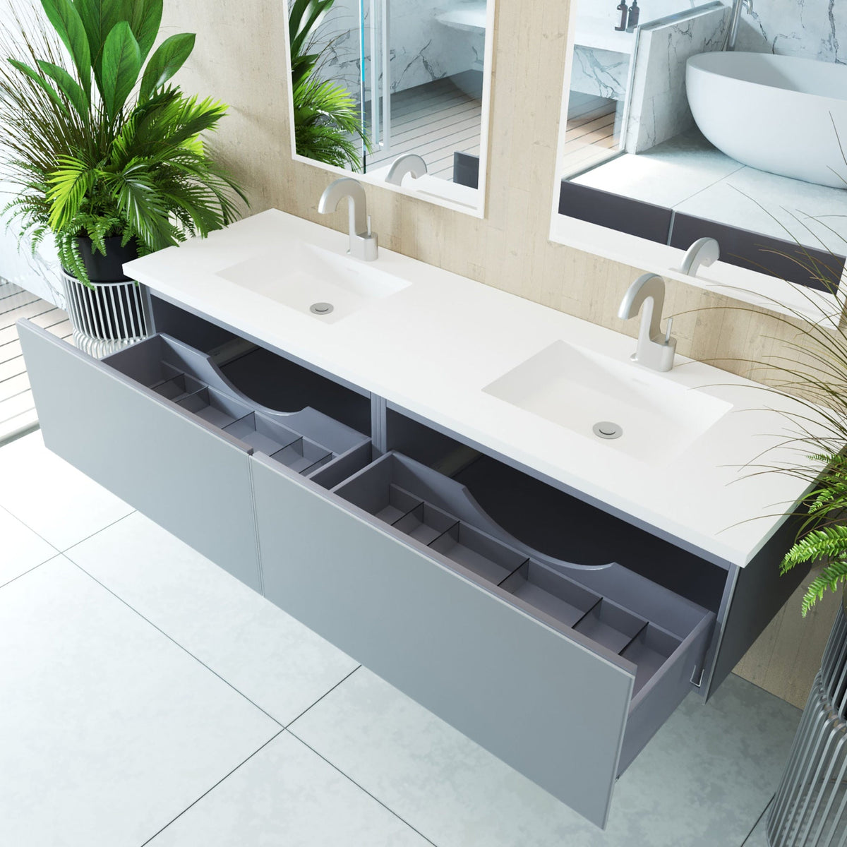 Laviva Vitri 72" Fossil Grey Double Sink Bathroom Vanity with VIVA Stone Matte White Solid Surface Countertop – – –