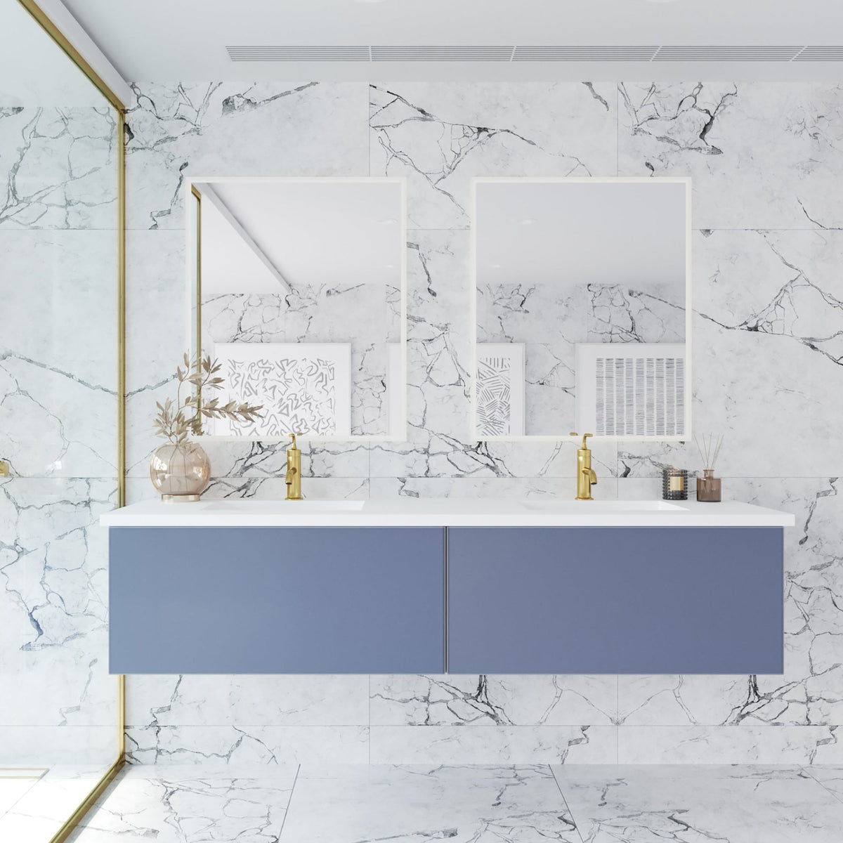 Laviva Vitri 72" Nautical Blue Double Sink Bathroom Vanity with VIVA Stone Matte White Solid Surface Countertop – – –