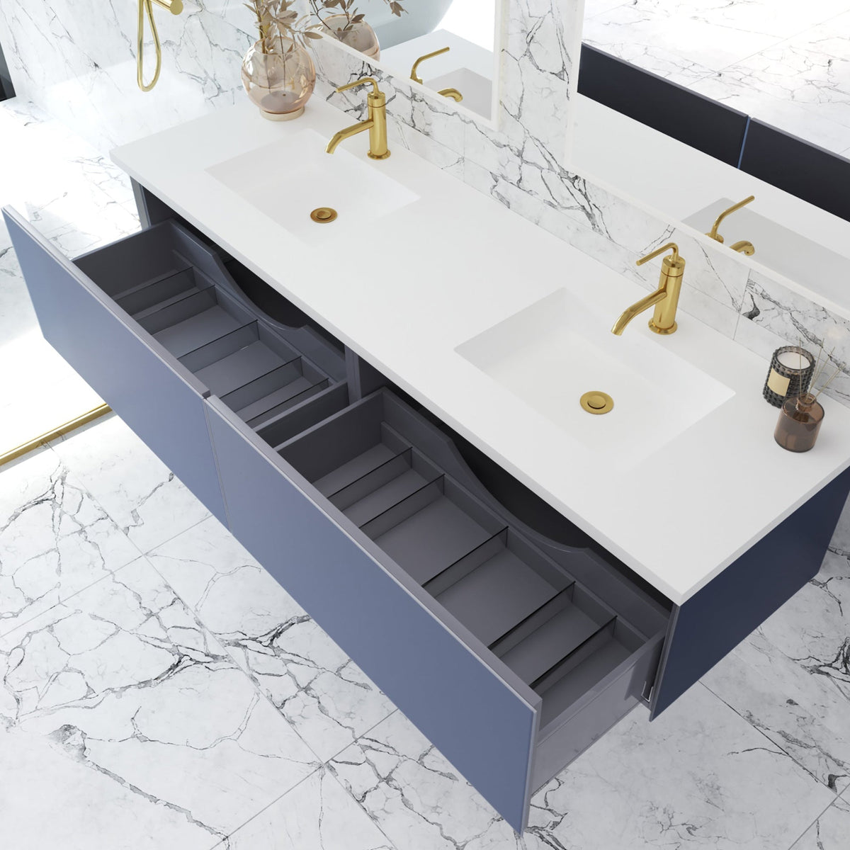 Laviva Vitri 72" Nautical Blue Double Sink Bathroom Vanity with VIVA Stone Matte White Solid Surface Countertop – – –