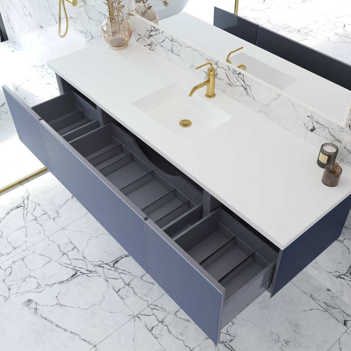 Laviva Vitri 72" Nautical Blue Single Sink Bathroom Vanity with VIVA Stone Matte White Solid Surface Countertop – – –