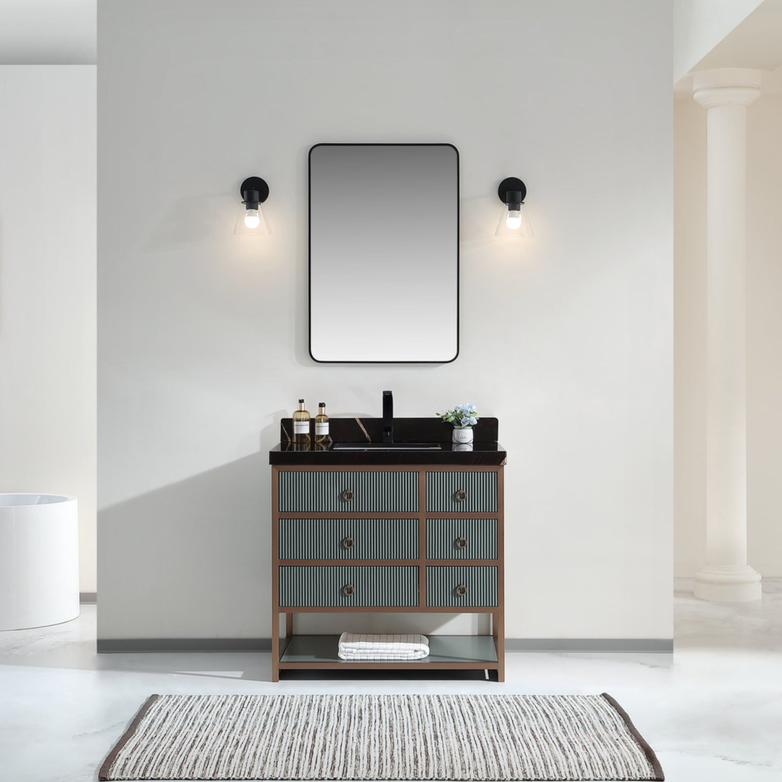 Legion Furniture 36" Vanity with Golden Brush Stainless Steel Frame and Pewter Green Finish with 2" Thick Black Natural Marble Countertop – – –