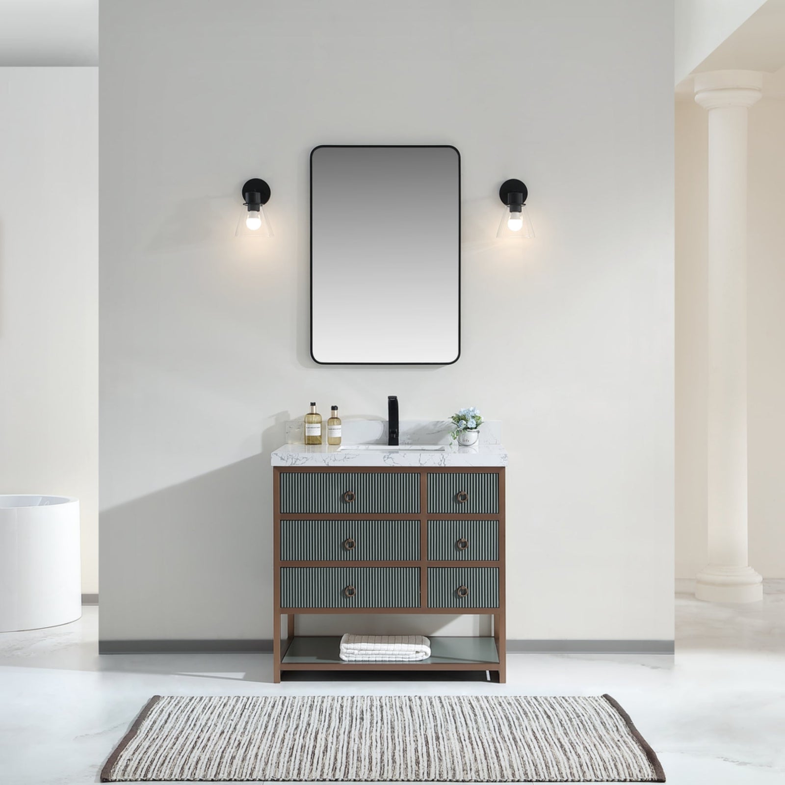 Legion Furniture 36" Vanity With Golden Brush Stainless Steel Frame And Pewter Green Finish With 2" Thick White Artificial Stone Countertop – – –