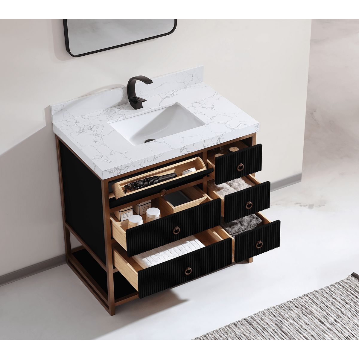 36&quot; Vanity with Golden Brush Stainless Steel Frame and Tricorn Black Finish with 2&quot; Thick White Artificial Stone Top - Legion Furniture - Mihodo
