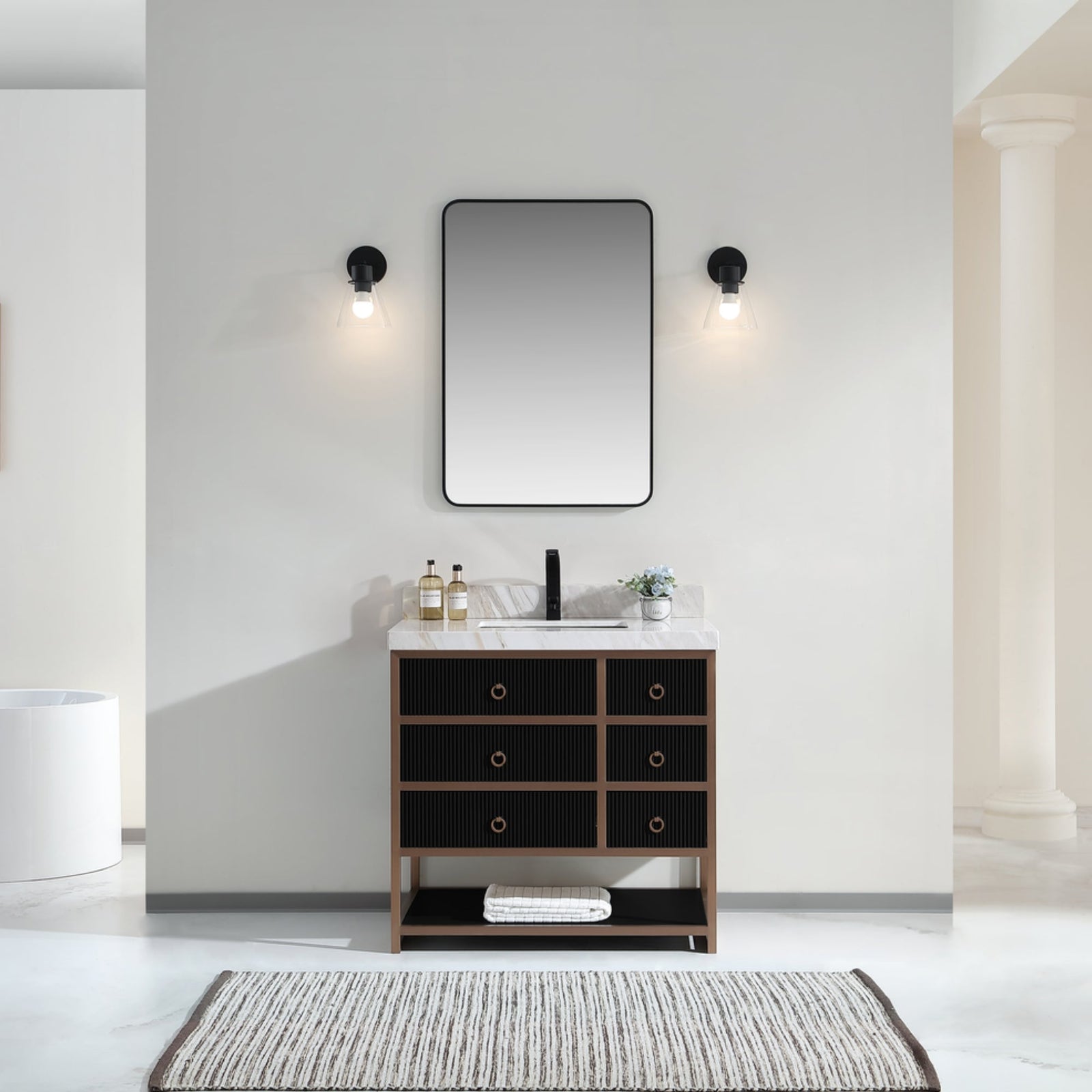 Legion Furniture 36" Vanity with Golden Brush Stainless Steel Frame and Tricorn Black Finish with 2" Thick White Artificial Stone Countertop – – –