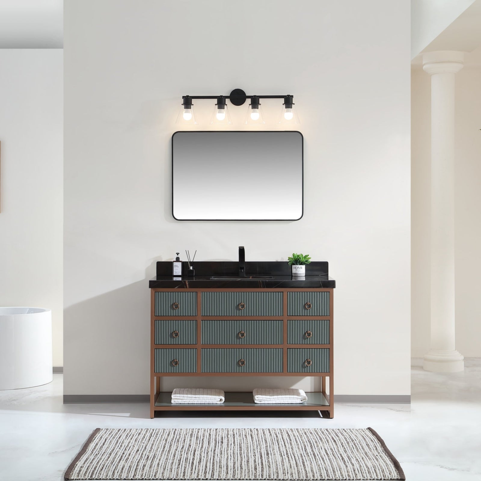 Legion Furniture 48" Vanity with Golden Brush Stainless Steel Frame and Pewter Green Finish with 2" Thick Black Natural Marble Countertop – – –