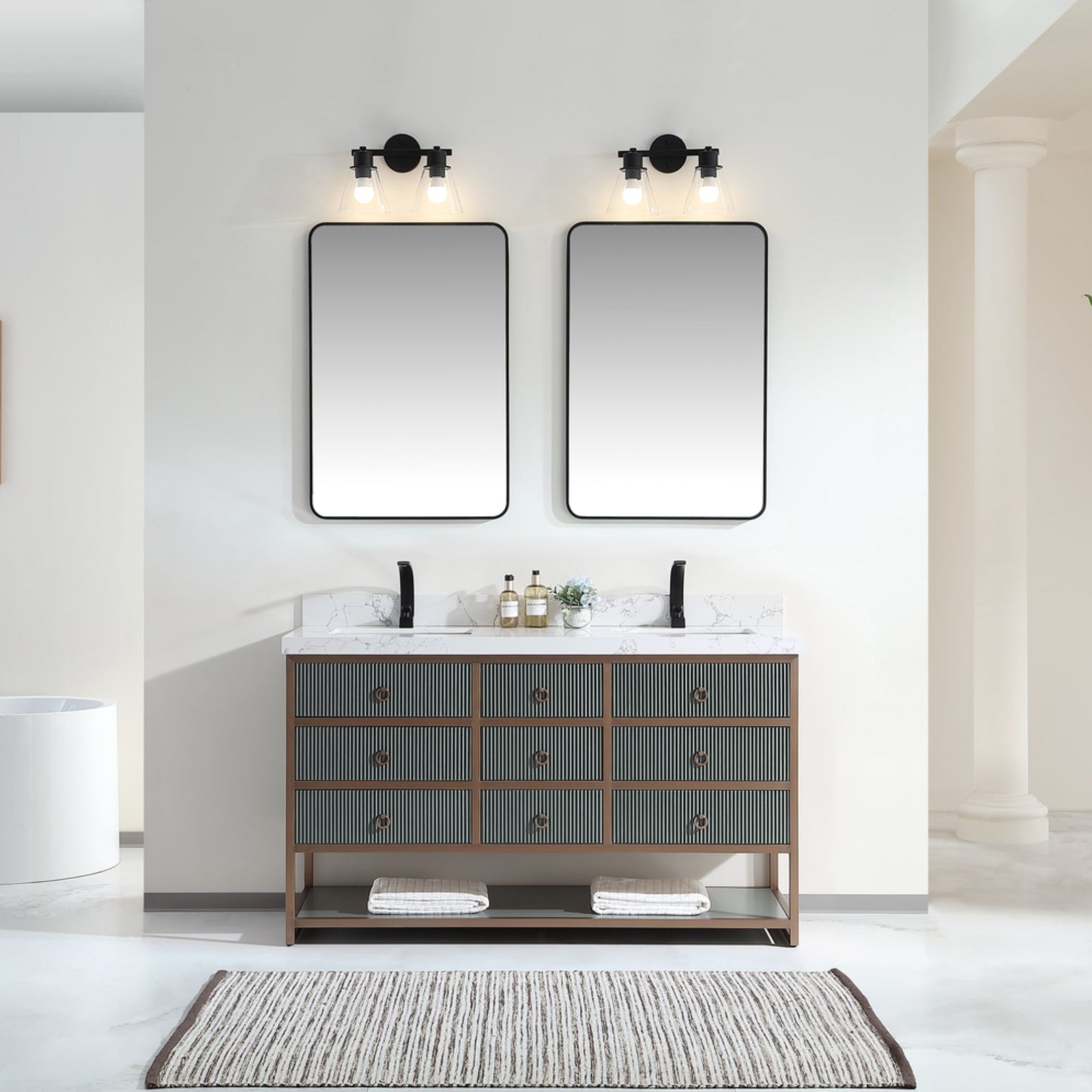 Legion Furniture 60" Double Vanity with Golden Brush Stainless Steel Frame and Pewter Green Finish with 2" Thick White Artificial Stone Countertop – – –