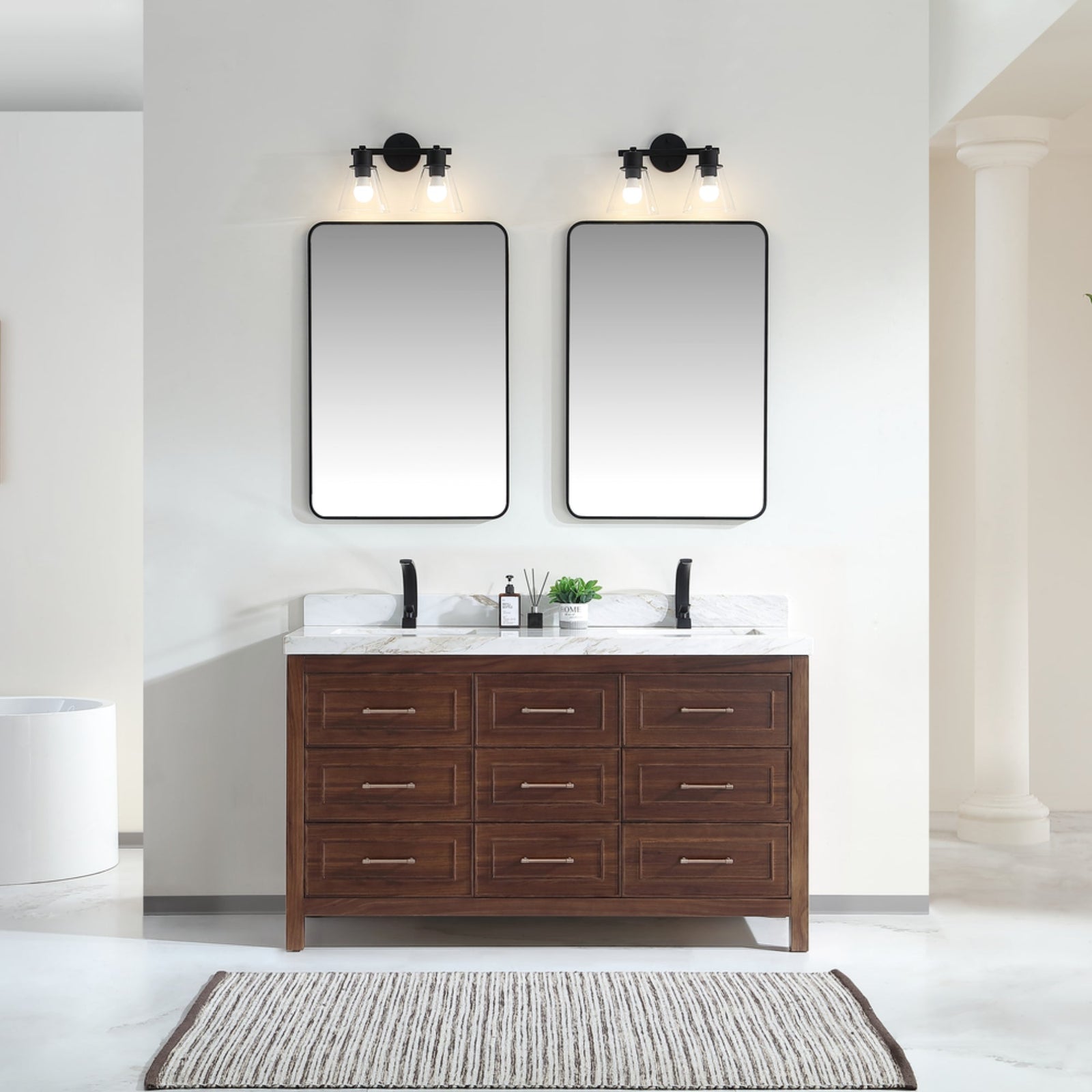 Legion Furniture 60" Ebony Double Vanity Dark Finish with 2" Thick White Natural Marble Countertop – – –