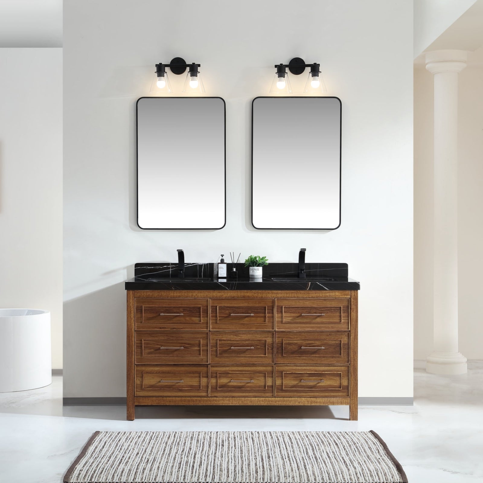 Legion Furniture 60" Ebony Double Vanity Light Finish with 2" Thick Black Natural Marble Countertop – – –