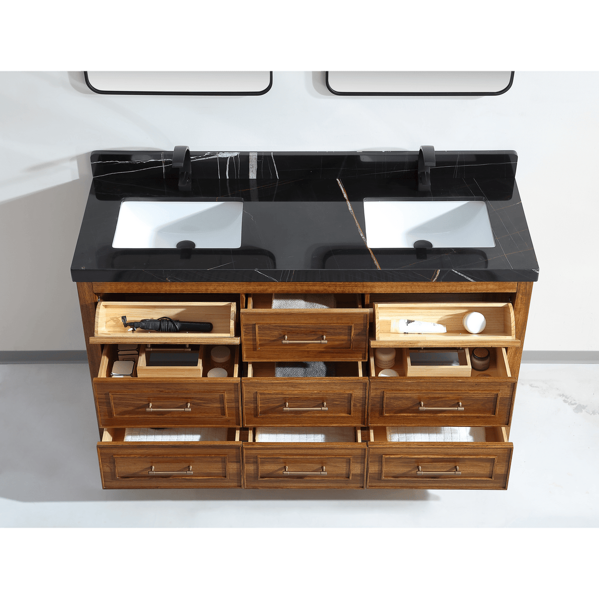 60&quot; Ebony Double Sink Vanity Light Finish with 2&quot; Thick Black Natural Top - Legion Furniture - Mihodo