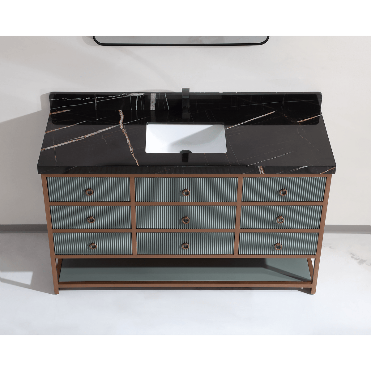 60&quot; Single Vanity with Golden Brush Stainless Steel Frame and Pewter Green Finish with 2&quot; Thick Black Natural Stone Top - Legion Furniture - Mihodo