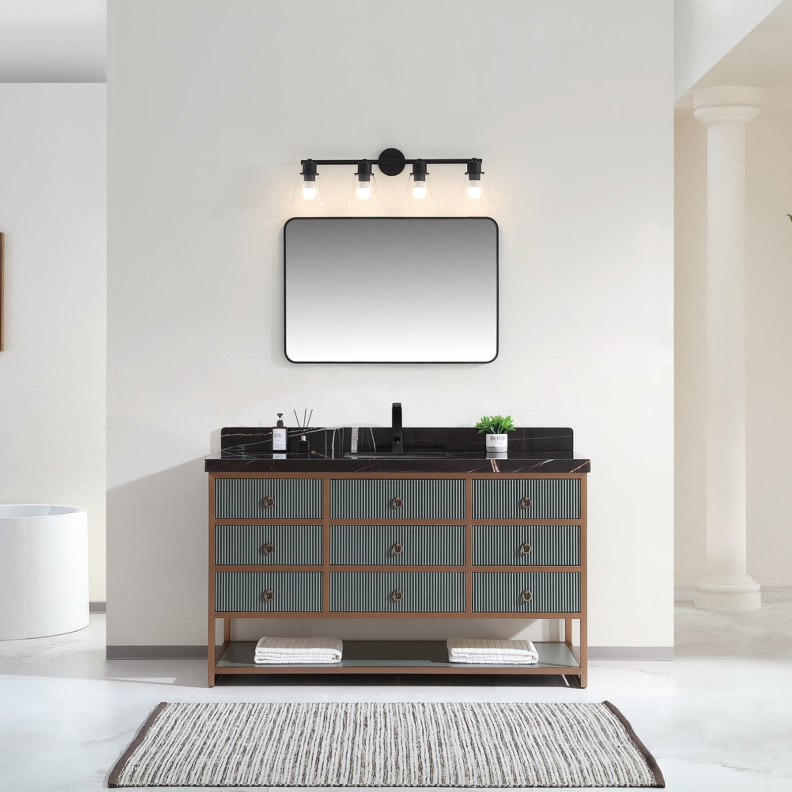 Legion Furniture 60" Single Vanity with Golden Brush Stainless Steel Frame and Pewter Green Finish with 2" Thick Black Natural Marble Countertop – – –