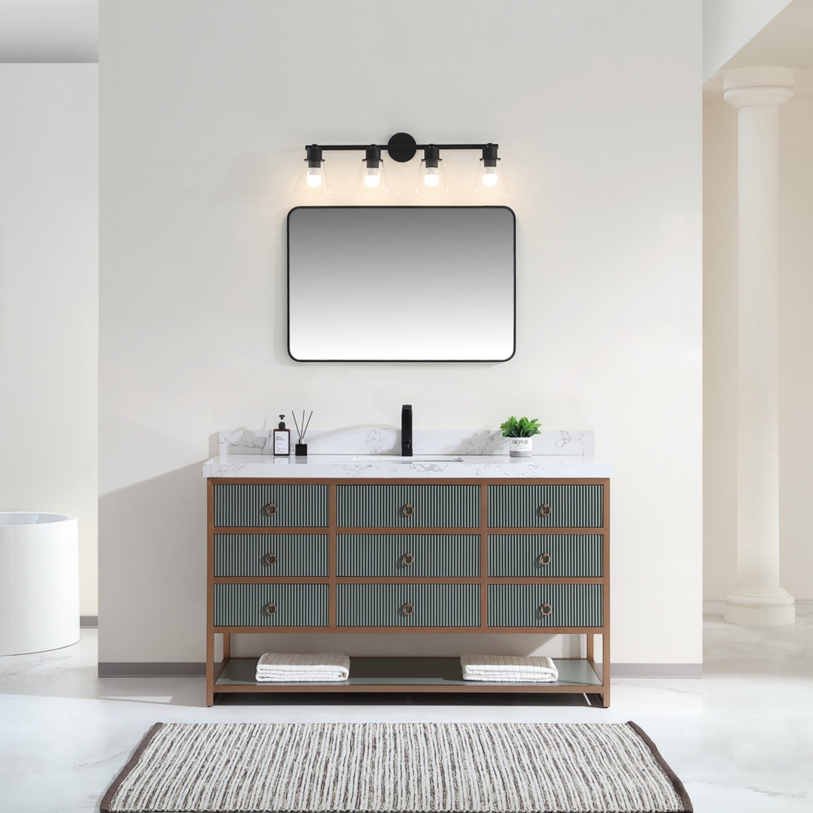 Legion Furniture 60" Single Vanity with Golden Brush Stainless Steel Frame and Pewter Green Finish with 2" Thick White Artificial Stone Countertop – – –