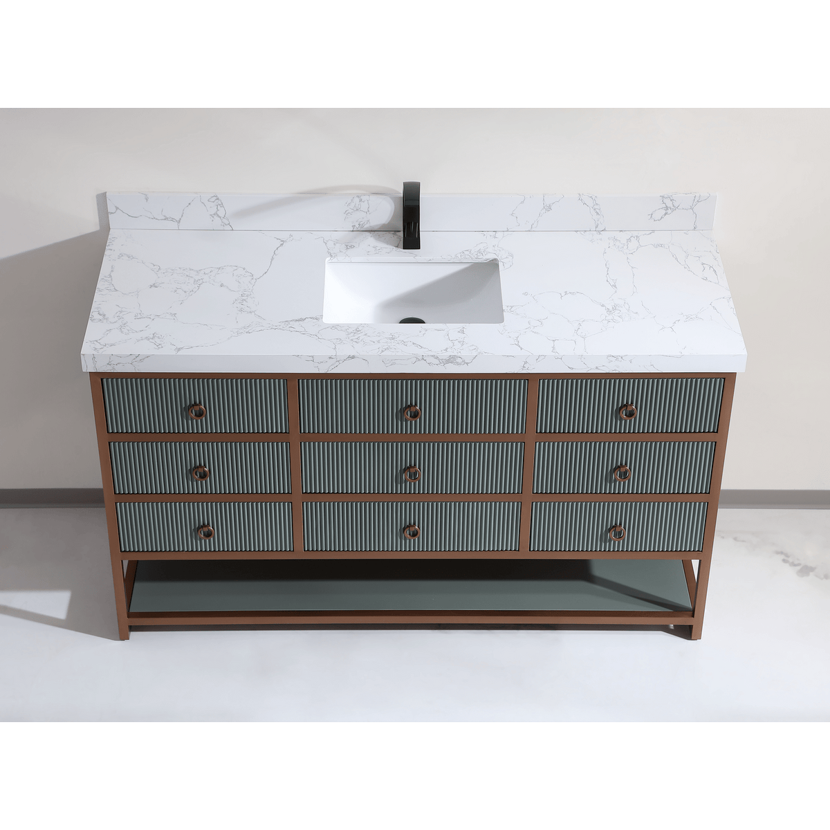 60&quot; Single Vanity with Golden Brush Stainless Steel Frame and Pewter Green Finish with 2&quot; Thick White Artificial Stone Top - Legion Furniture - Mihodo