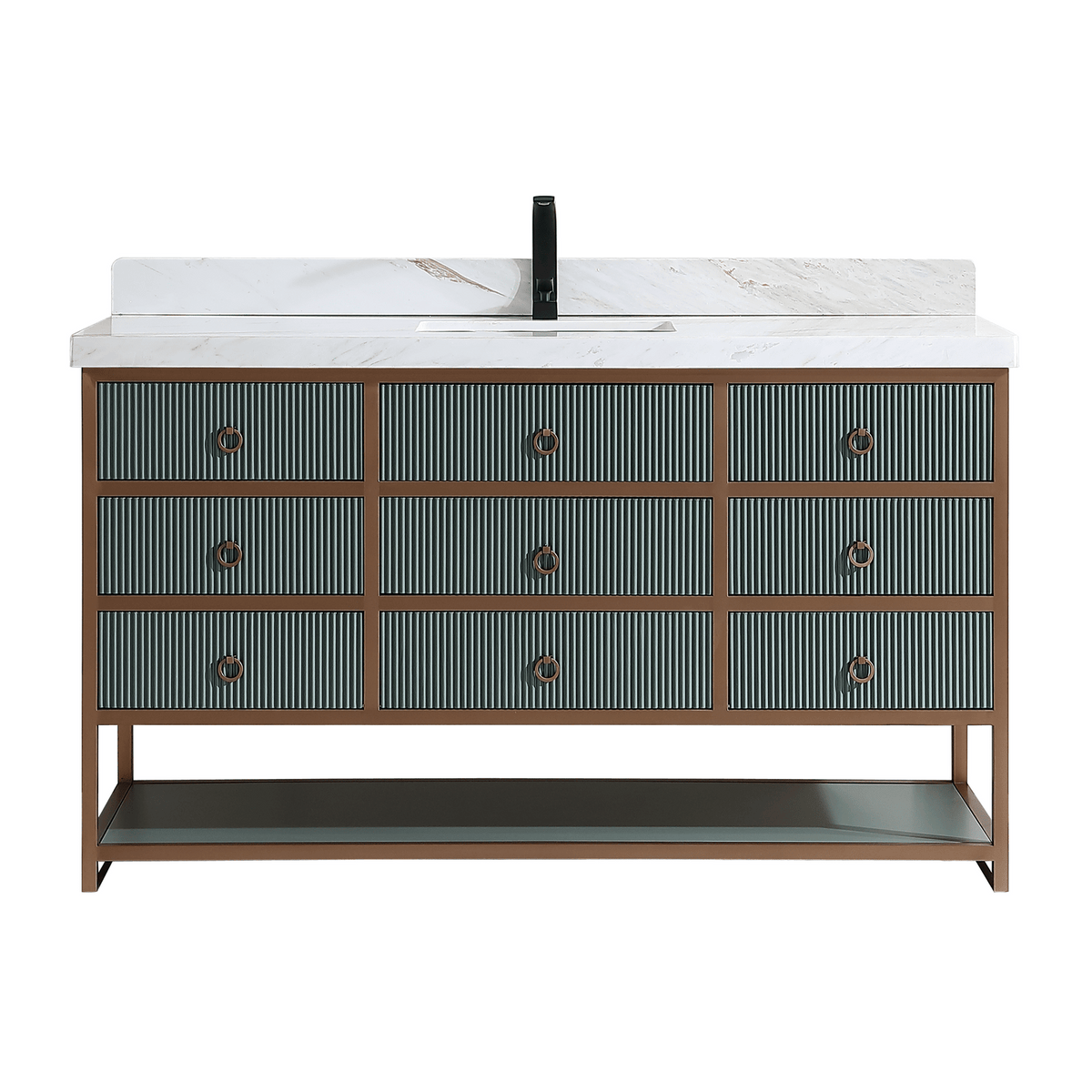 60&quot; Single Vanity with Golden Brush Stainless Steel Frame and Pewter Green Finish with 2&quot; Thick White Natural Stone Top - Legion Furniture - Mihodo