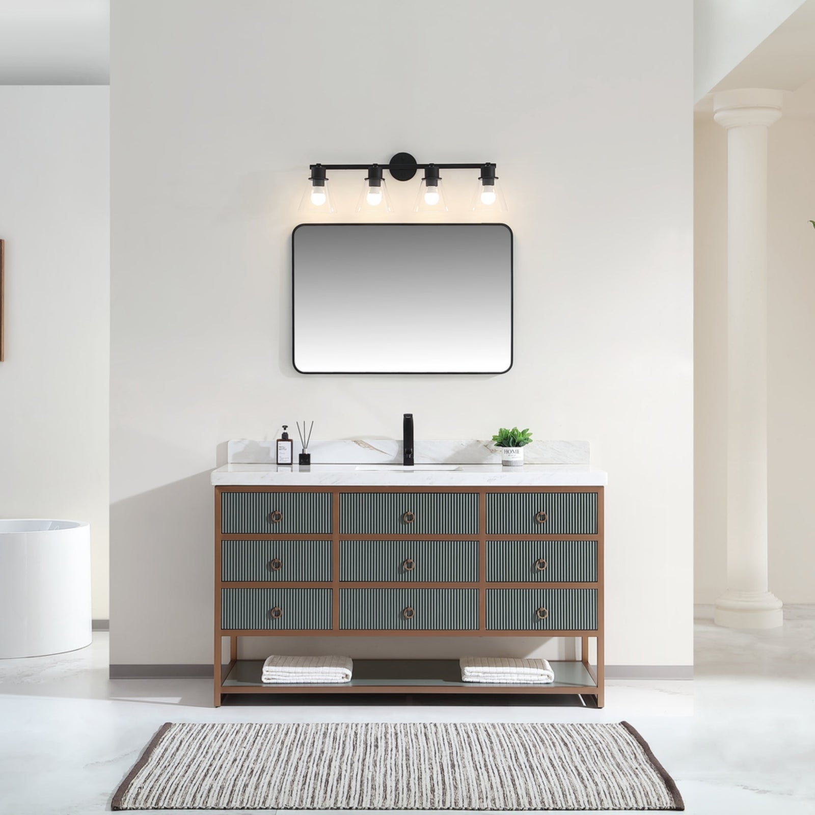 Legion Furniture 60" Single Vanity with Golden Brush Stainless Steel Frame and Pewter Green Finish with 2" Thick White Natural Marble Countertop – – –