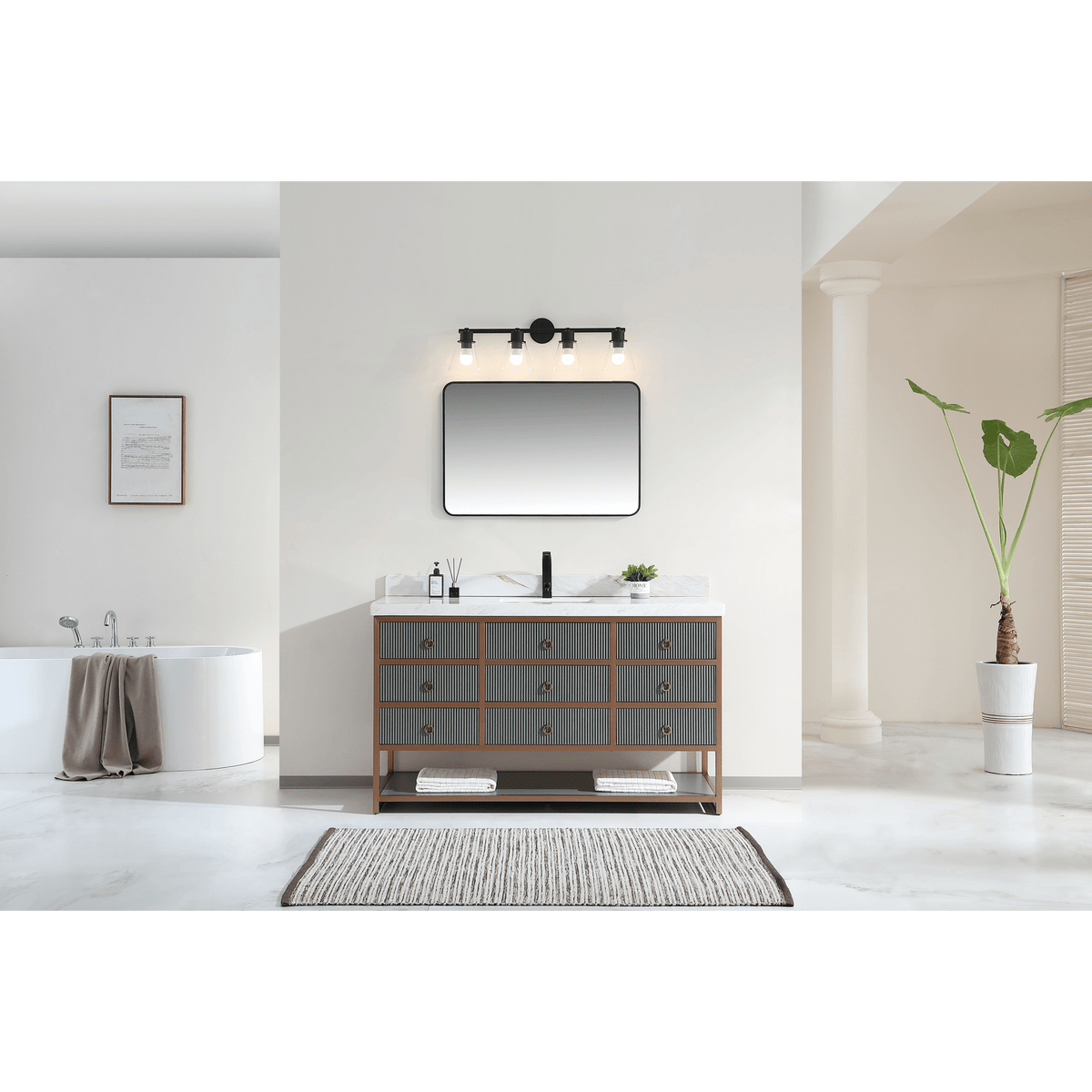 60&quot; Single Vanity with Golden Brush Stainless Steel Frame and Pewter Green Finish with 2&quot; Thick White Natural Stone Top - Legion Furniture - Mihodo