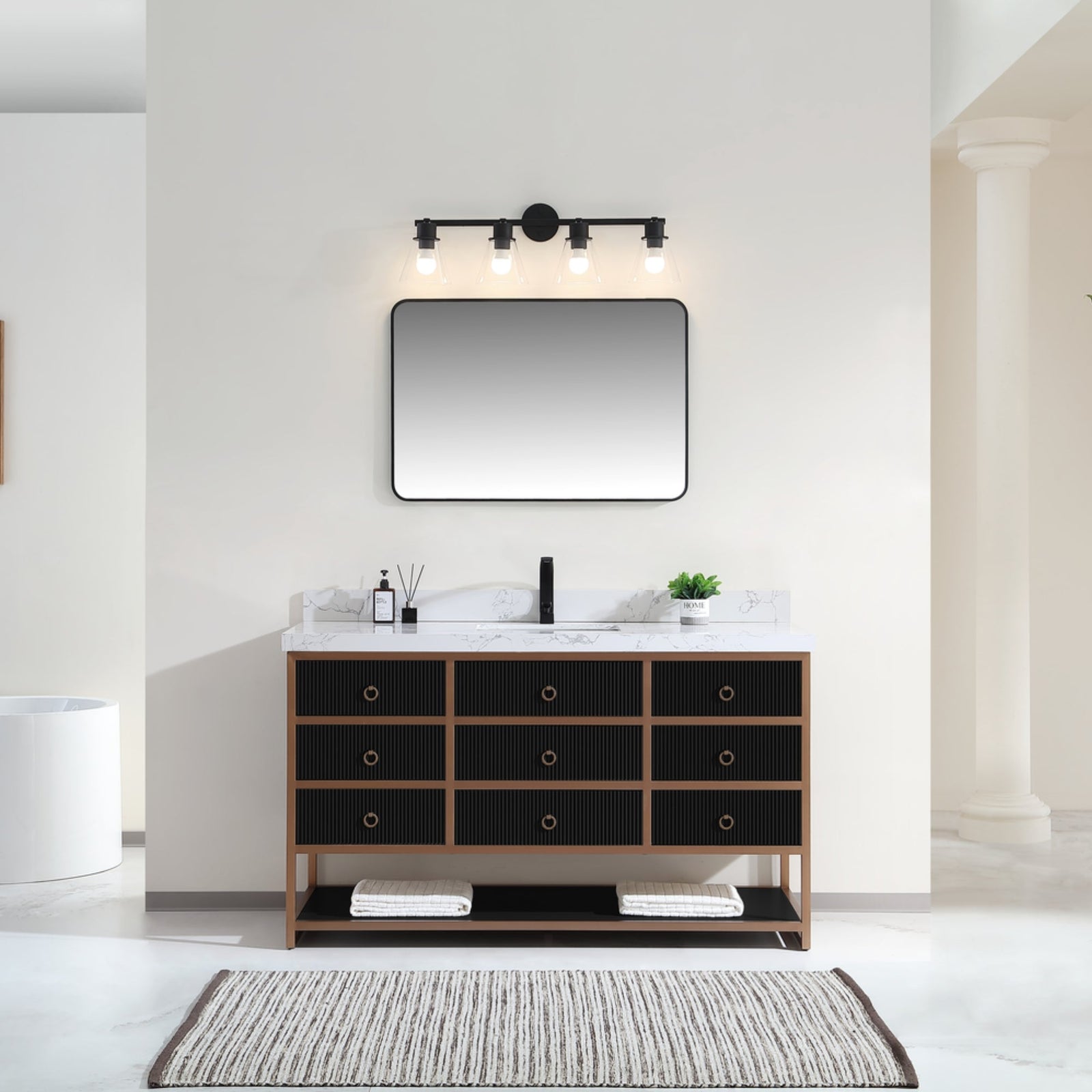 Legion Furniture 60" Single Vanity with Golden Brush Stainless Steel Frame and Tricorn Black Finish with 2' Thick White Artificial Stone Countertop – – –