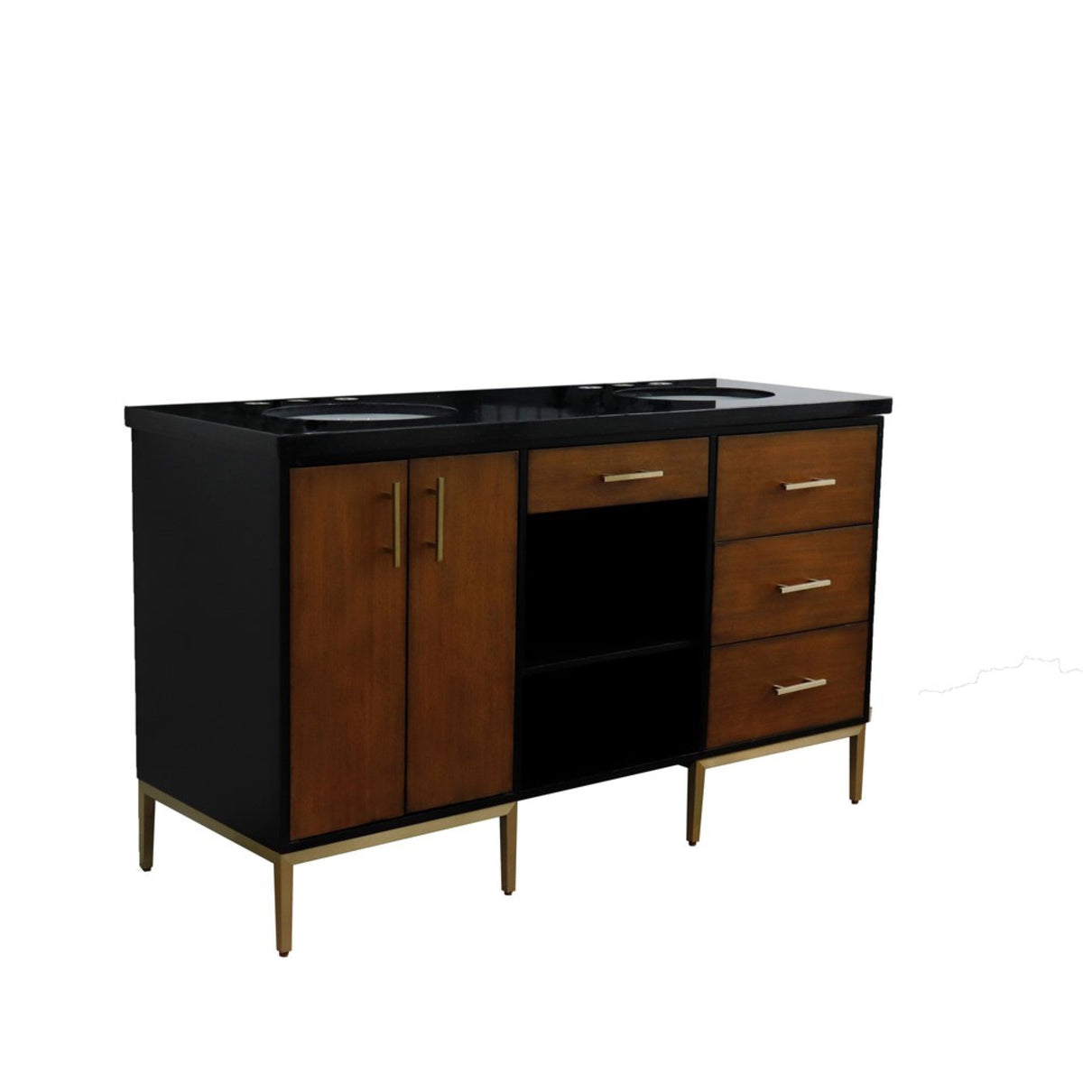 61&quot; Double Sink Vanity in Walnut and Black Finish with Black Galaxy Granite and Oval Sinks - Bellaterra Home - Mihodo