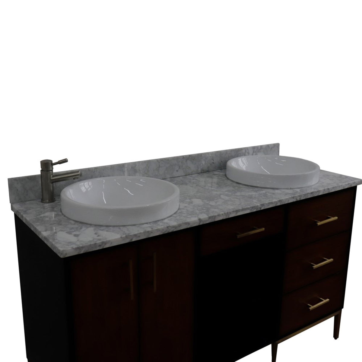 61&quot; Double Sink Vanity in Walnut and Black Finish with White Carrara Marble and Round Sinks - Bellaterra Home - Mihodo