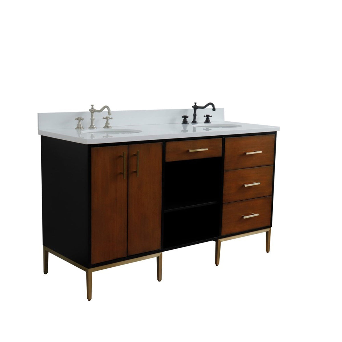 61&quot; Double Sink Vanity in Walnut and Black Finish with White Quartz and Oval Sinks - Bellaterra Home - Mihodo