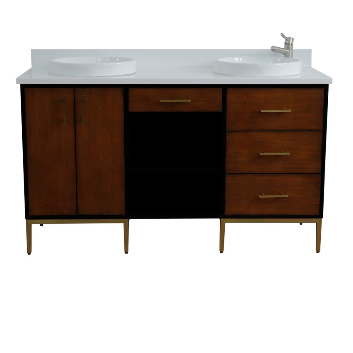 61&quot; Double Sink Vanity in Walnut and Black Finish with White Quartz and Round Sinks - Bellaterra Home - Mihodo