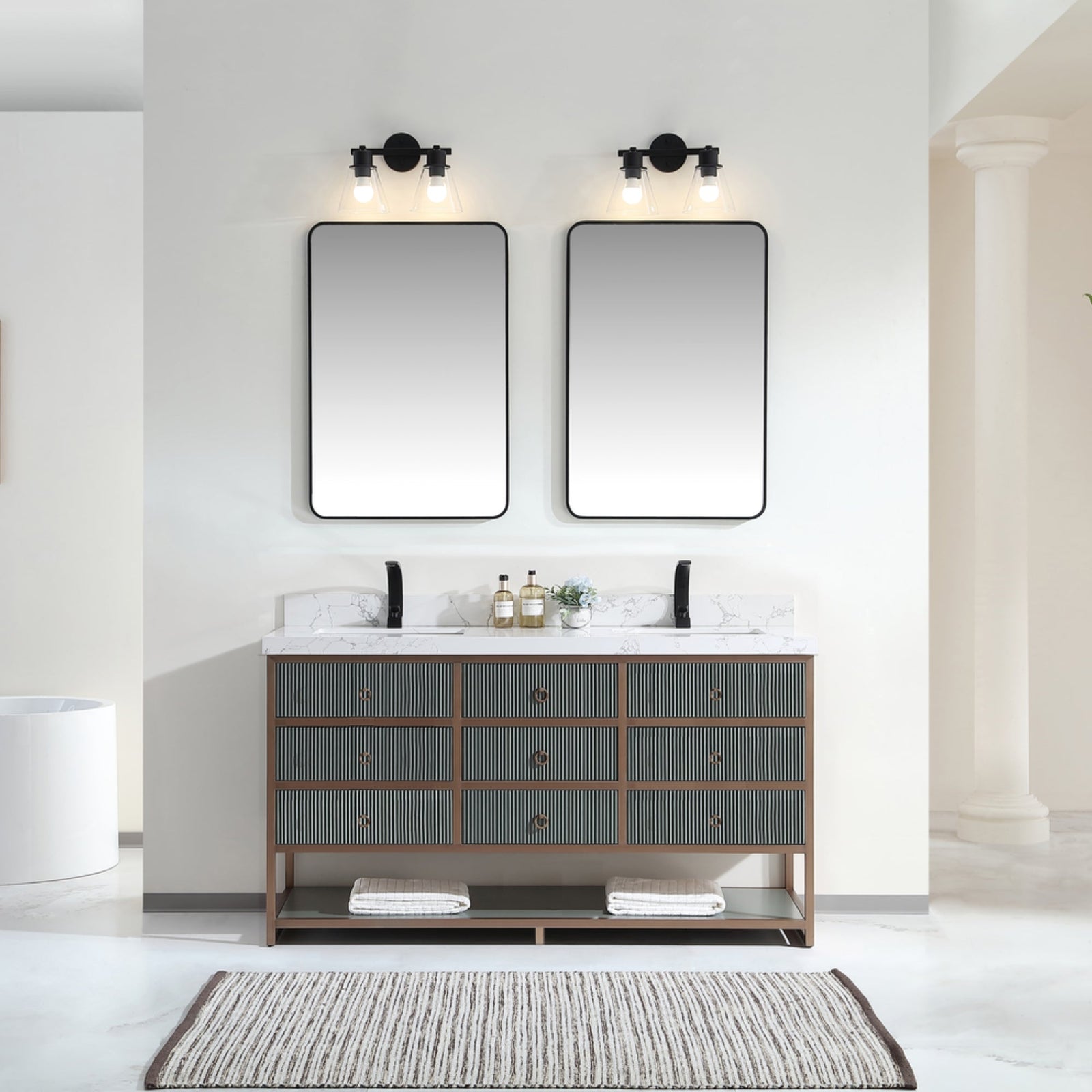 Legion Furniture 72" Double Vanity with Golden Brush Stainless Steel Frame and Pewter Green Finish with 2" Thick White Artificial Stone Countertop – – –