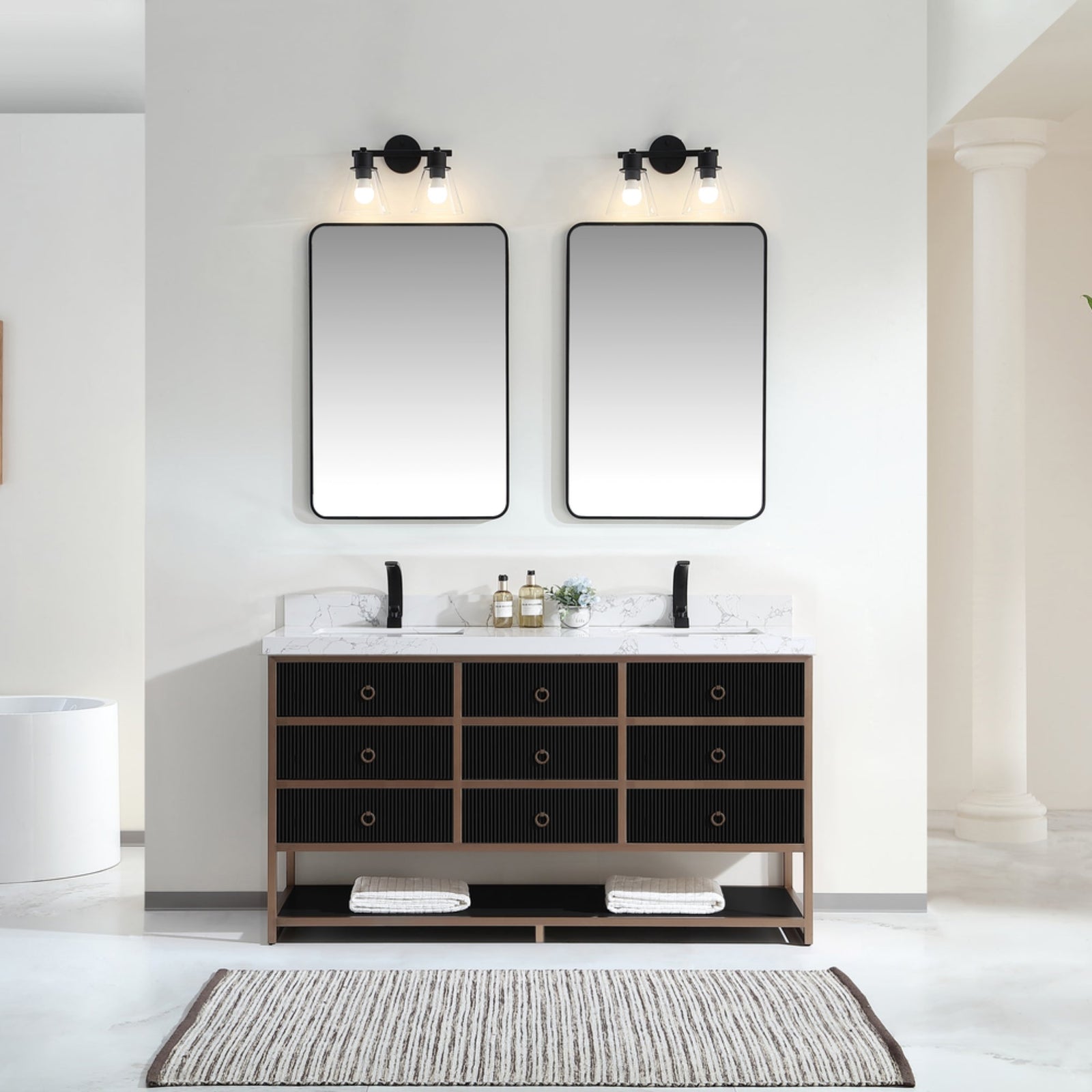 Legion Furniture 72" Double Vanity with Golden Brush Stainless Steel Frame and Tricorn Black Finish with 2' Thick White Artificial Stone Countertop – – –