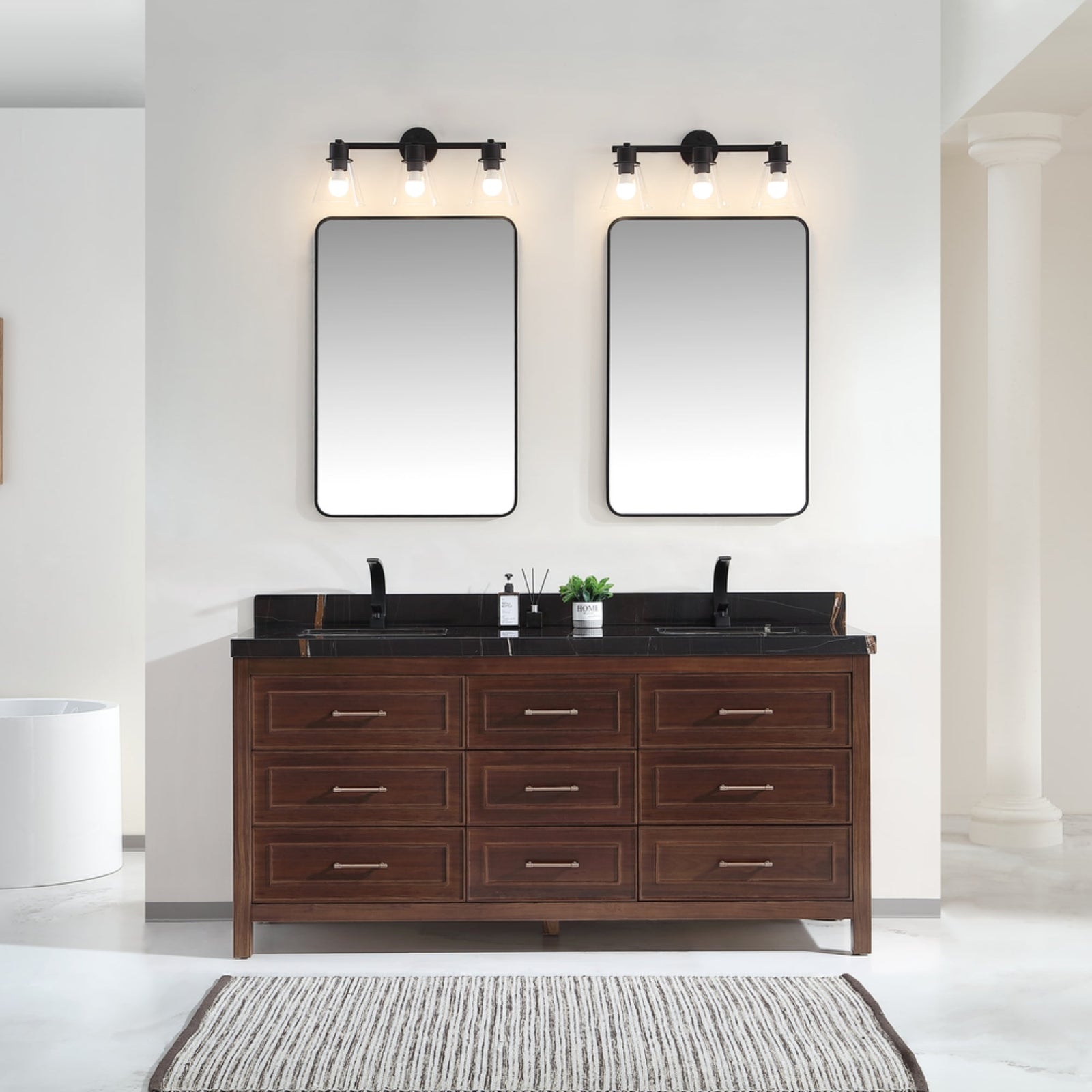 Legion Furniture 72" Ebony Double Vanity Dark Finish with 2" Thick Black Natural Marble Countertop – – –