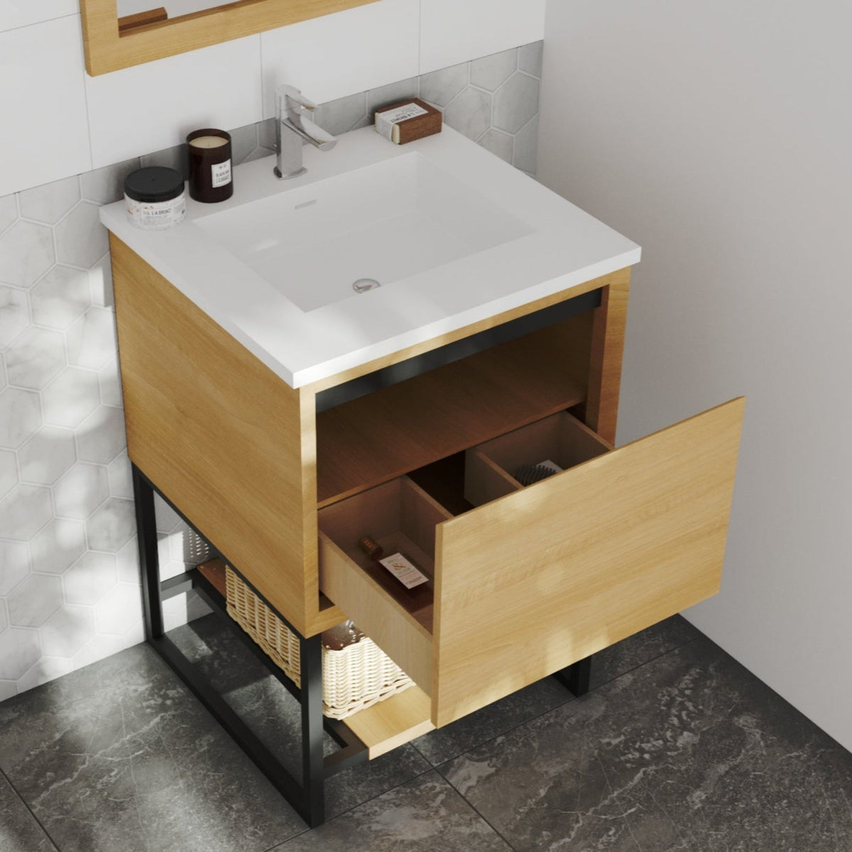 Alto 24&quot; California White Oak Bathroom Vanity with Matte White VIVA Stone Solid Surface Countertop - LAVIVA - Mihodo