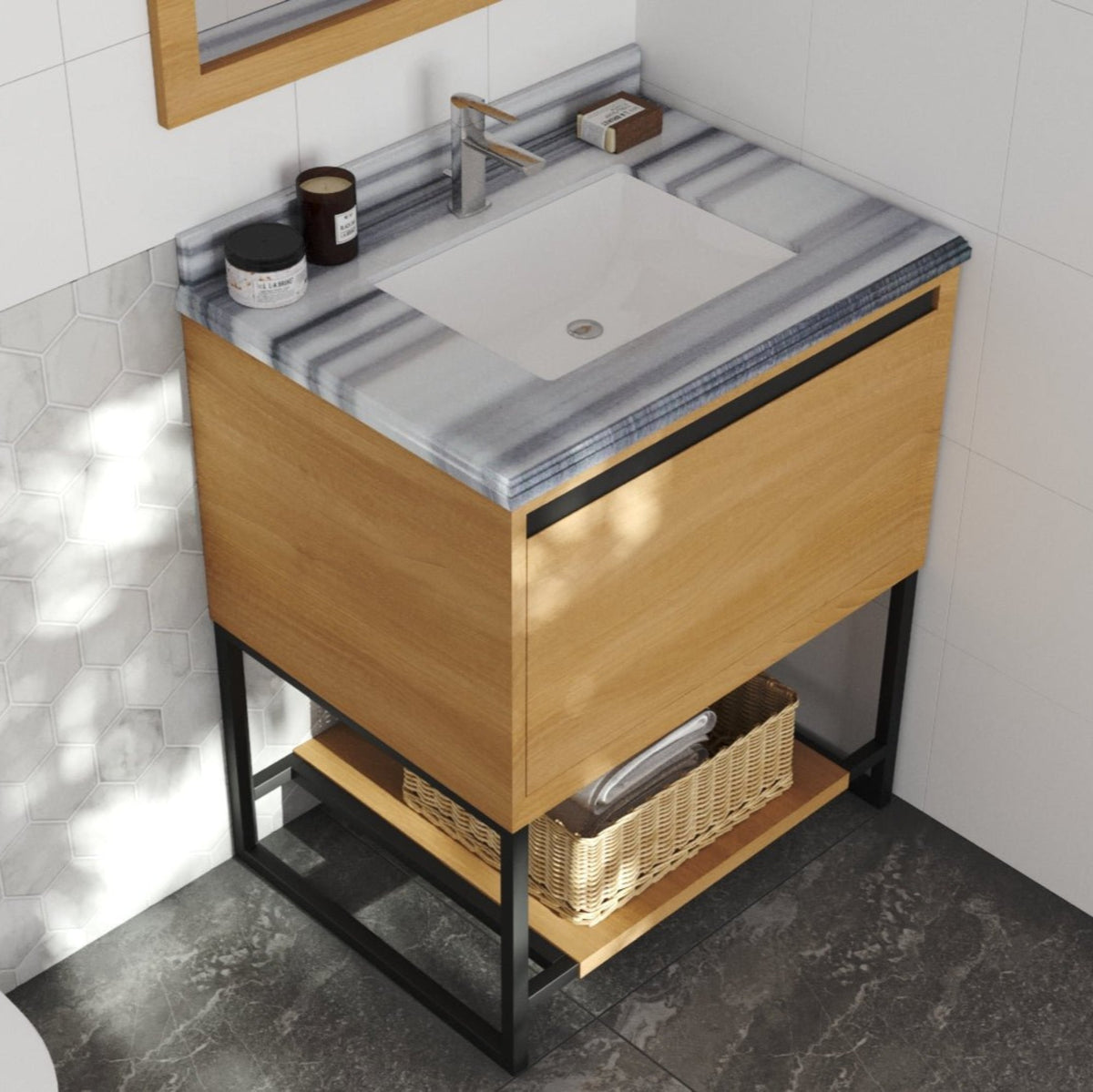Alto 30&quot; California White Oak Bathroom Vanity with White Stripes Marble Countertop - LAVIVA - Mihodo