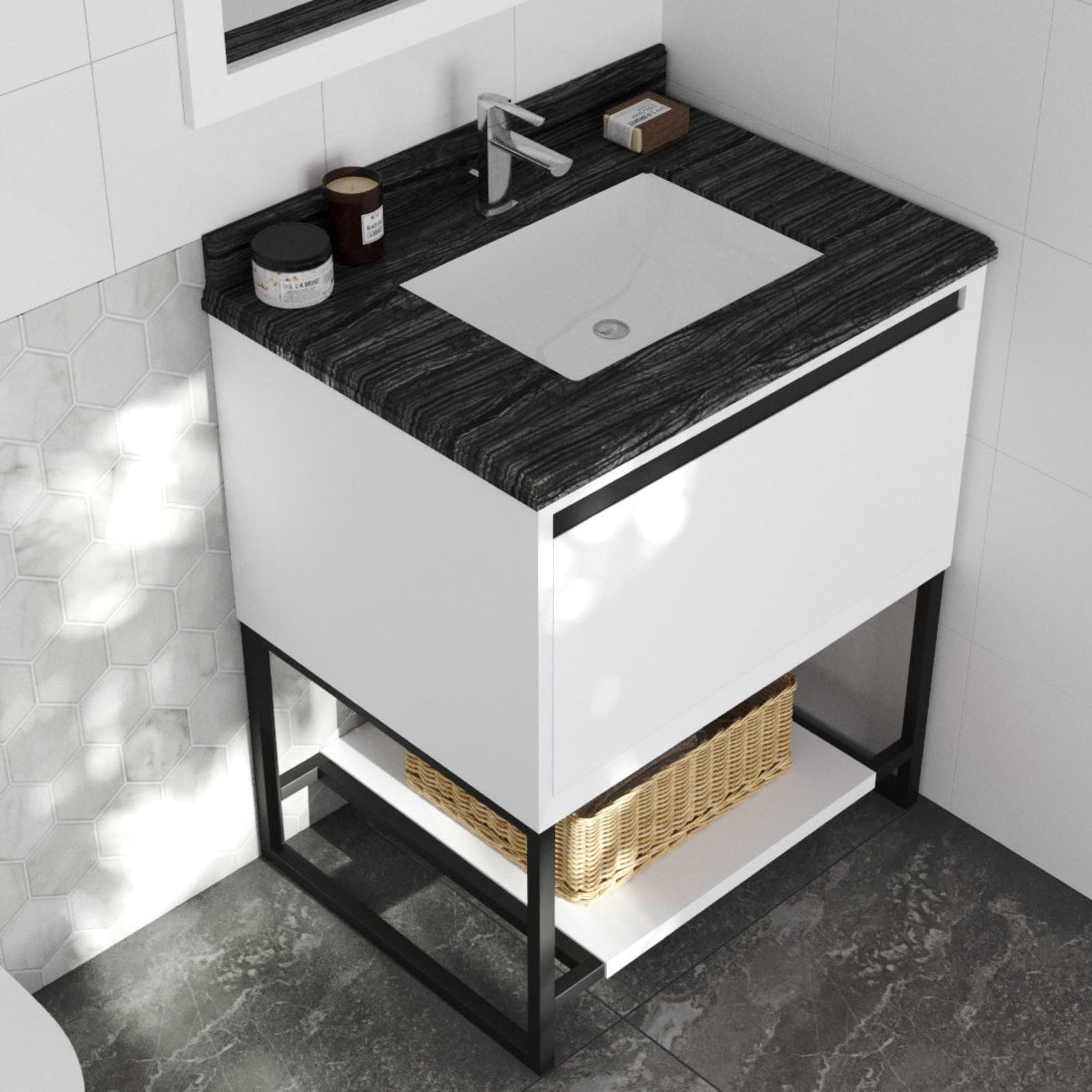 Laviva Alto 30" White Bathroom Vanity with Black Wood Marble Countertop – – –