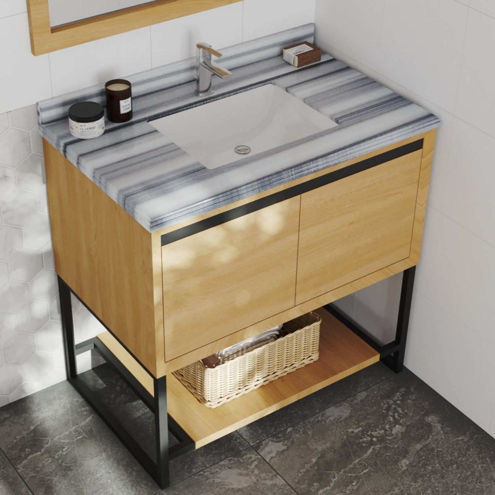 Laviva Alto 36" California White Oak Bathroom Vanity with White Stripes Marble Countertop – – –