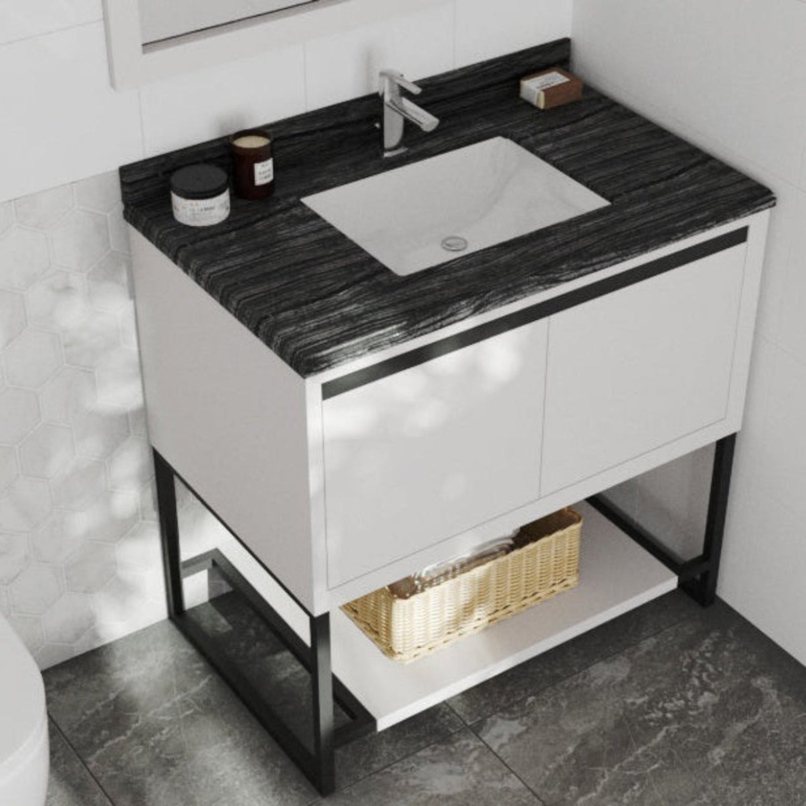 Laviva Alto 36" White Bathroom Vanity with Black Wood Marble Countertop – – –