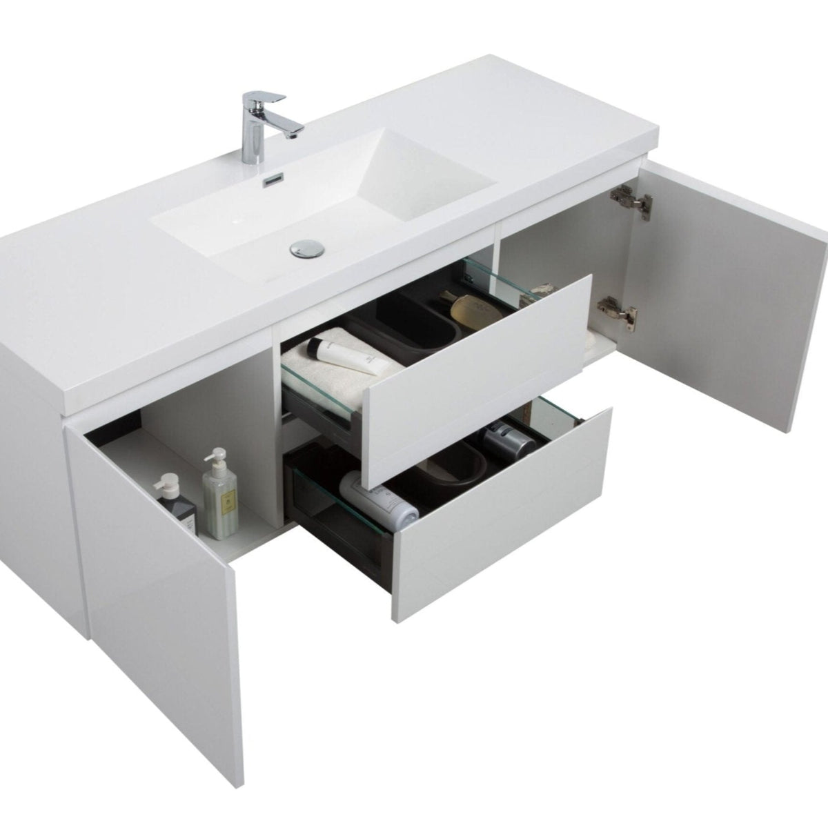 Aurora 60&quot; Glossy Polar White Wall Hung Single Sink Bathroom Vanity with White Acrylic Countertop - LAVIVA - Mihodo
