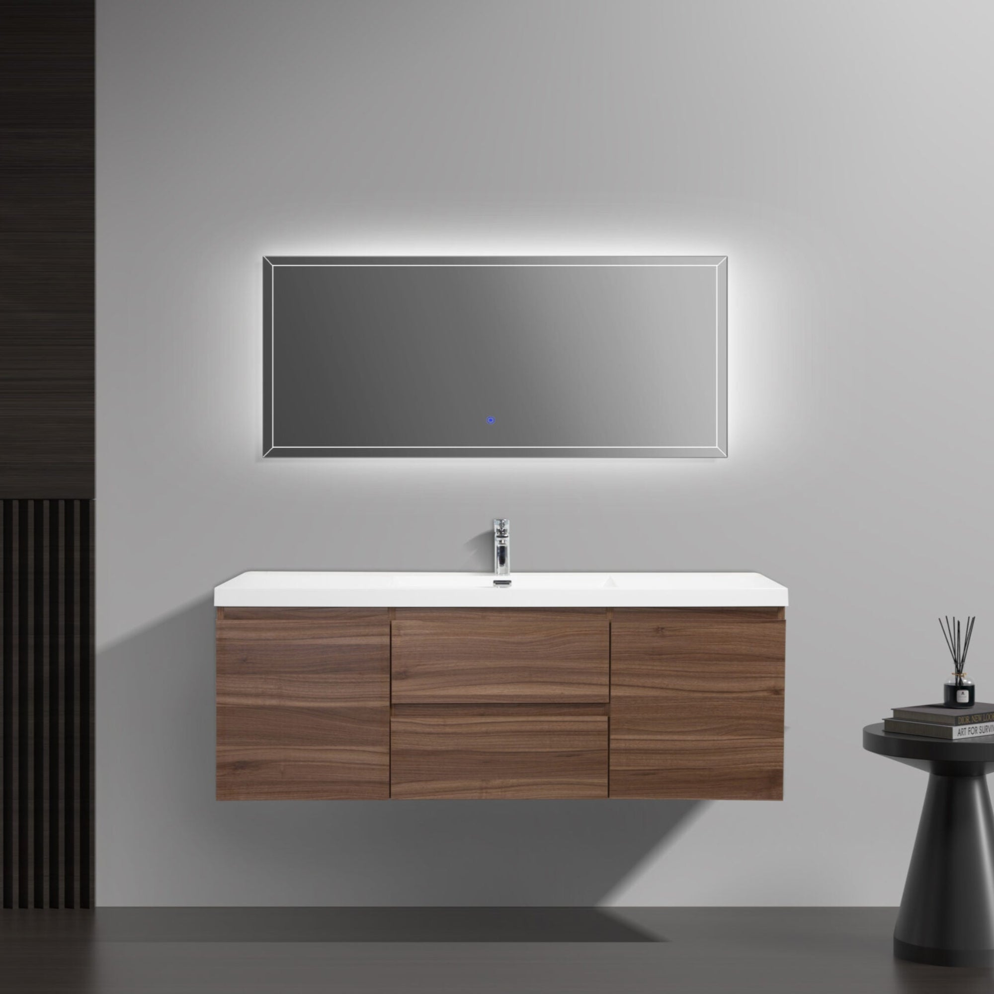 Aurora 60" Smokey Walnut Wall Hung Single Sink Bathroom Vanity with White Acrylic Countertop - LAVIVA - Mihodo