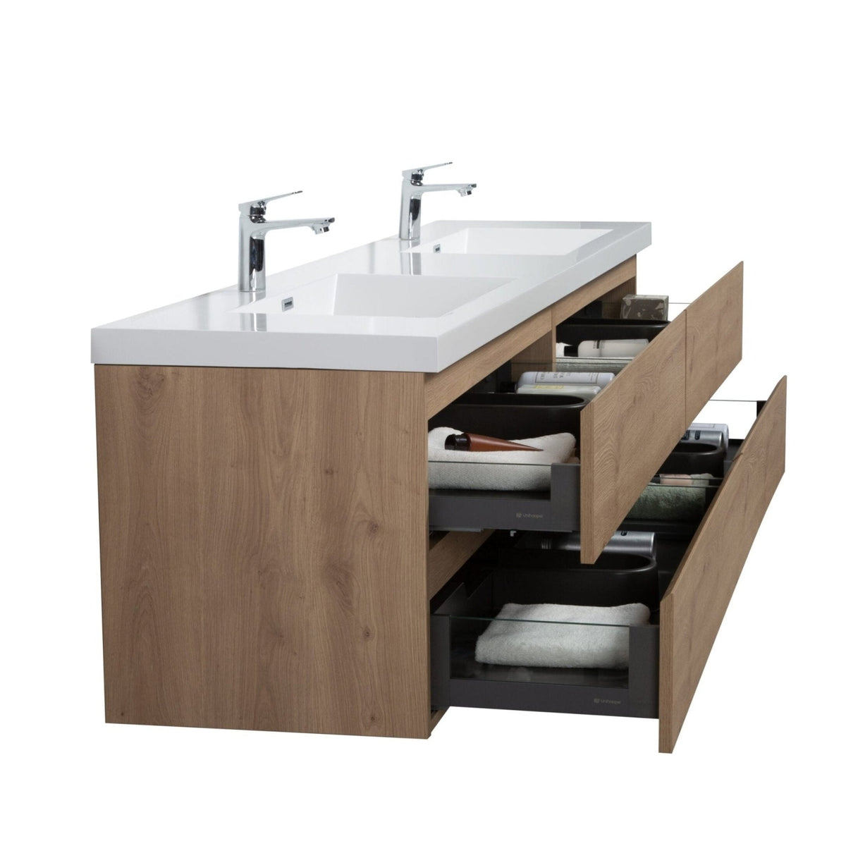 Aurora 84&quot; Sonoma Oak Wall Hung Double Sink Bathroom Vanity with White Acrylic Countertop - LAVIVA - Mihodo