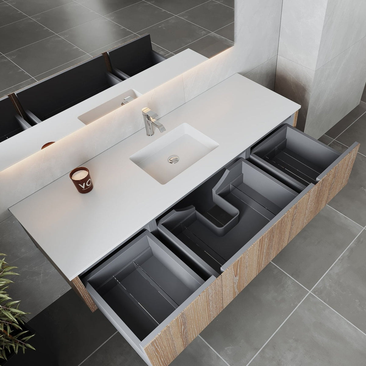 Laviva Legno 66" Weathered Grey Bathroom Vanity with Matte White VIVA Stone Solid Surface Countertop – – –