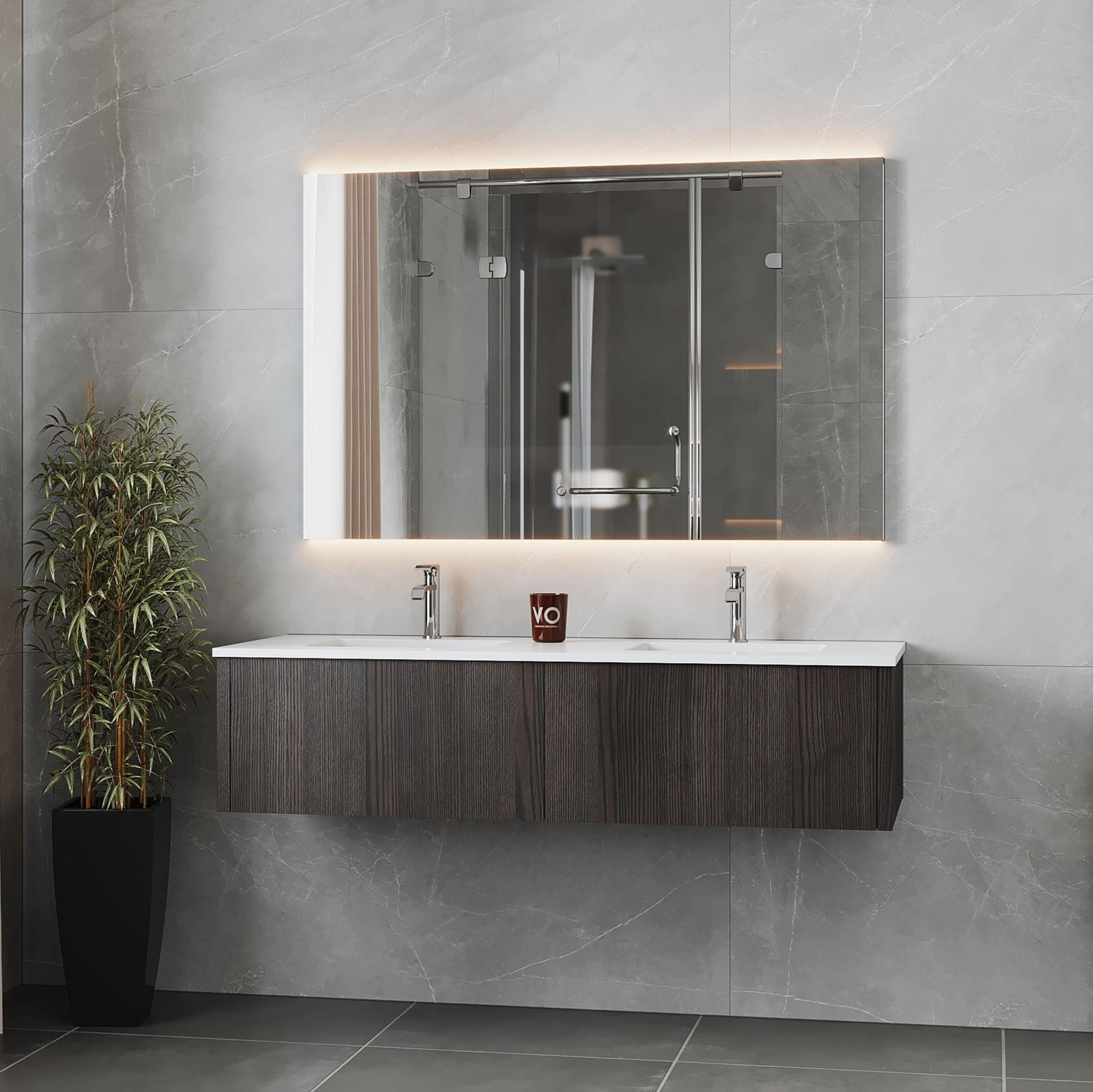 Laviva Legno 60" Carbon Oak Double Sink Bathroom Vanity with Matte White VIVA Stone Solid Surface Countertop – – –