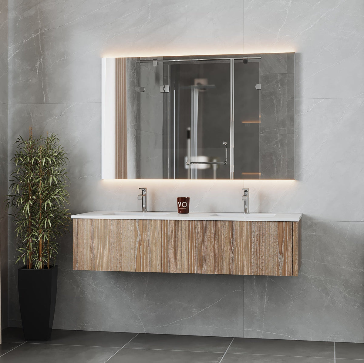 Legno 60&quot; Weathered Grey Double Sink Bathroom Vanity with Matte White VIVA Stone Solid Surface Countertop - LAVIVA - Mihodo